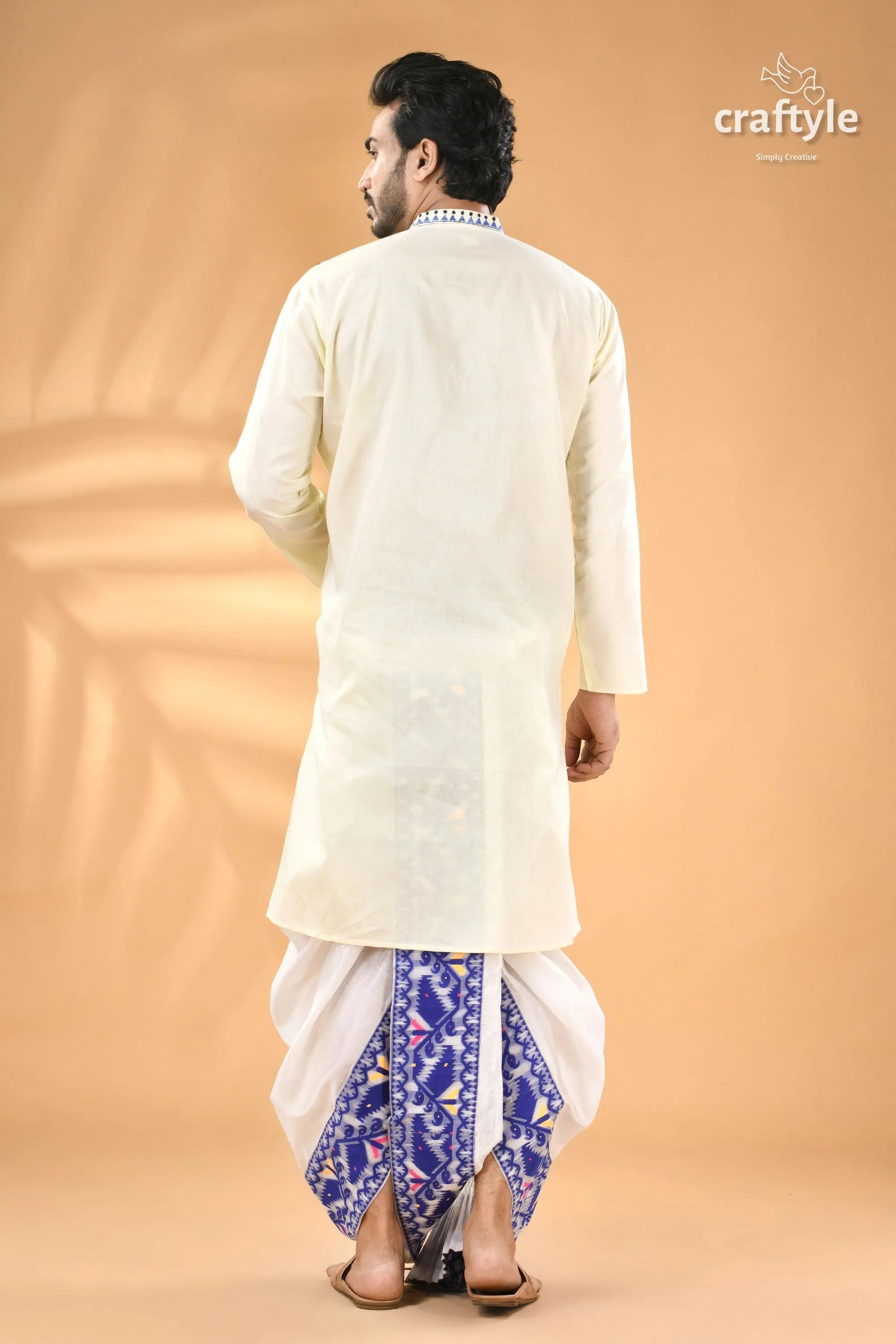 Pearl white and blue kantha work cotton men’s kurta - reverse stitch man’s off-white 7