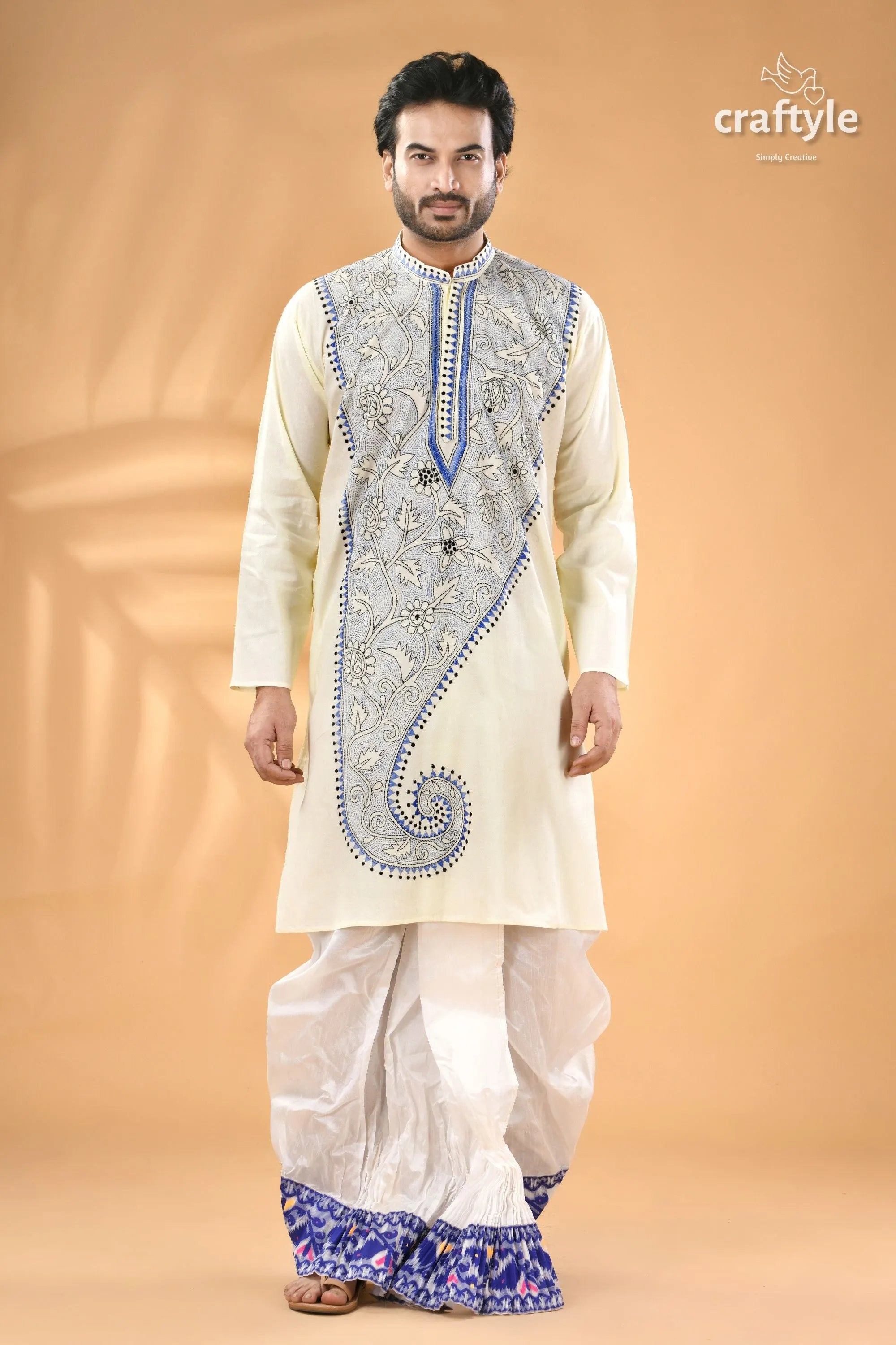 Pearl white and blue kantha work cotton men’s kurta - reverse stitch off-white black 5