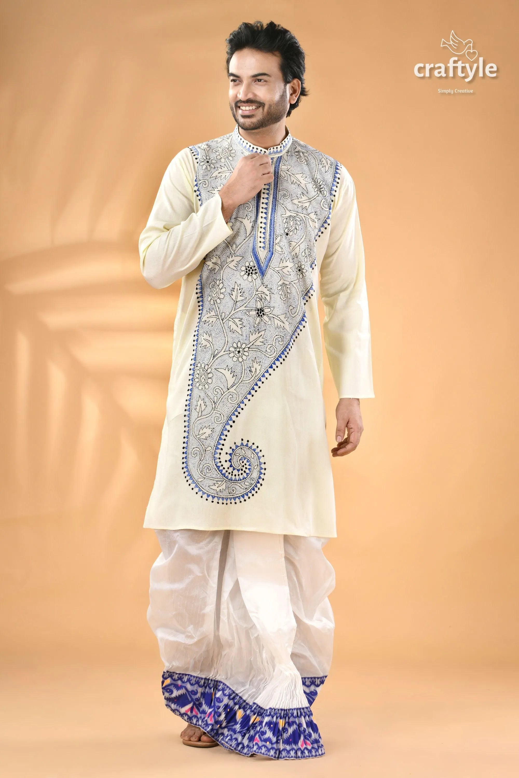 Pearl white and blue kantha work cotton men’s kurta - reverse stitch off-white intricate 1