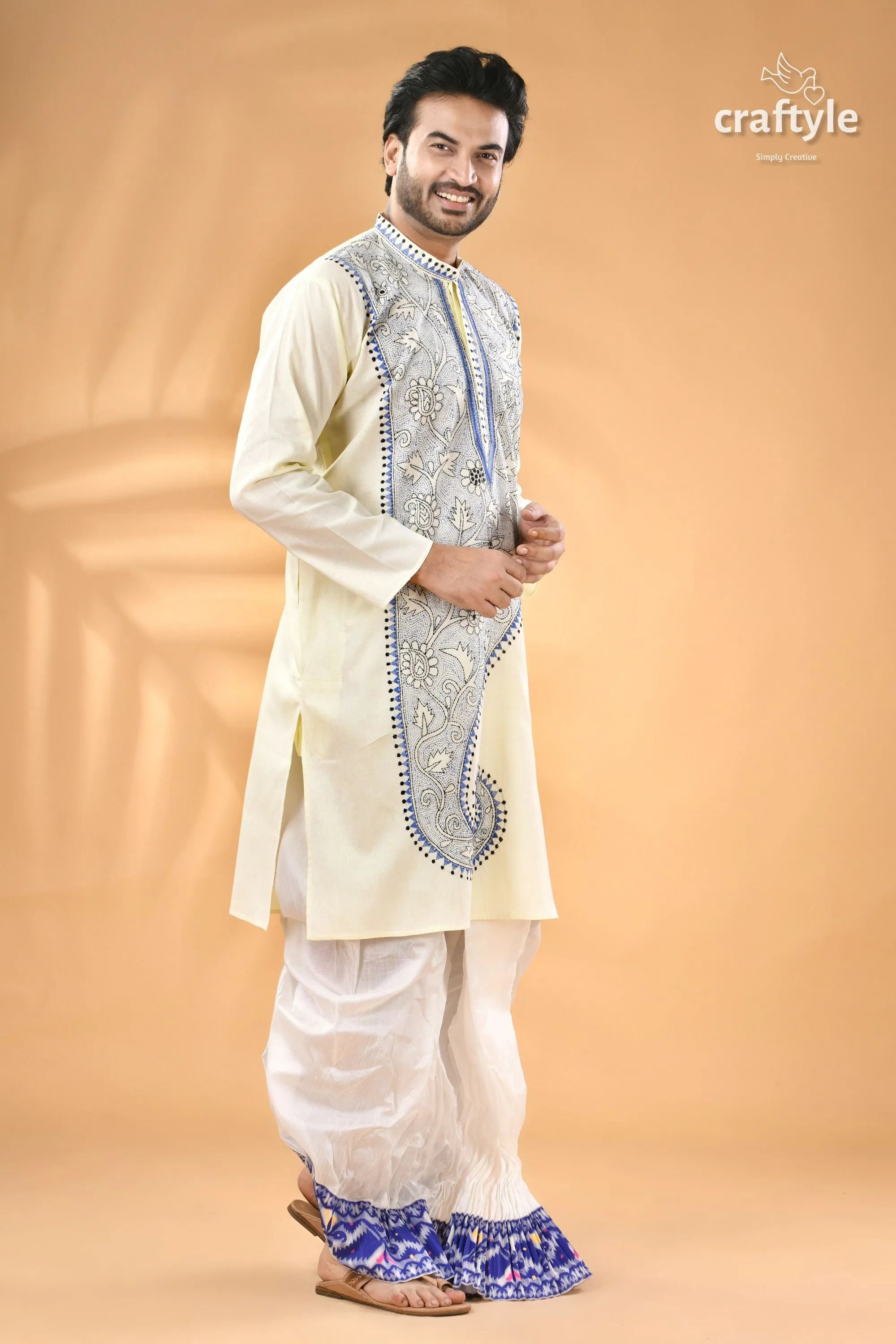 Pearl white and blue kantha work cotton men’s kurta - reverse stitch cream-colored 3