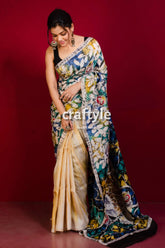 Pearl white and multicolor owl painted pure mulberry silk hand batik saree woman floral cream saree 3