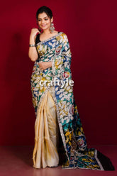 Pearl white and multicolor owl painted pure mulberry silk hand batik saree woman floral-patterned saree 1