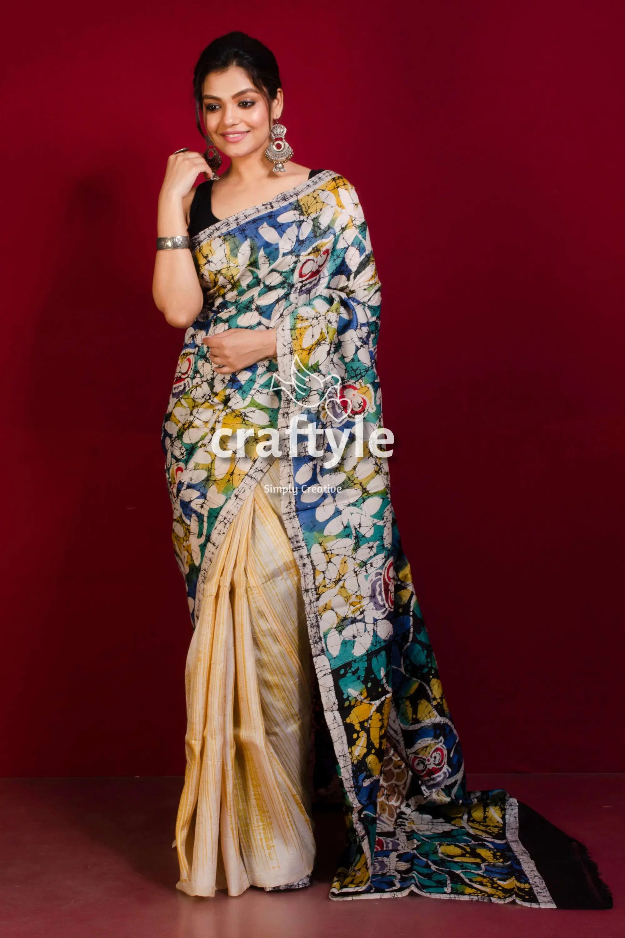 Pearl white and multicolor owl painted pure mulberry silk hand batik saree woman floral-patterned saree 1