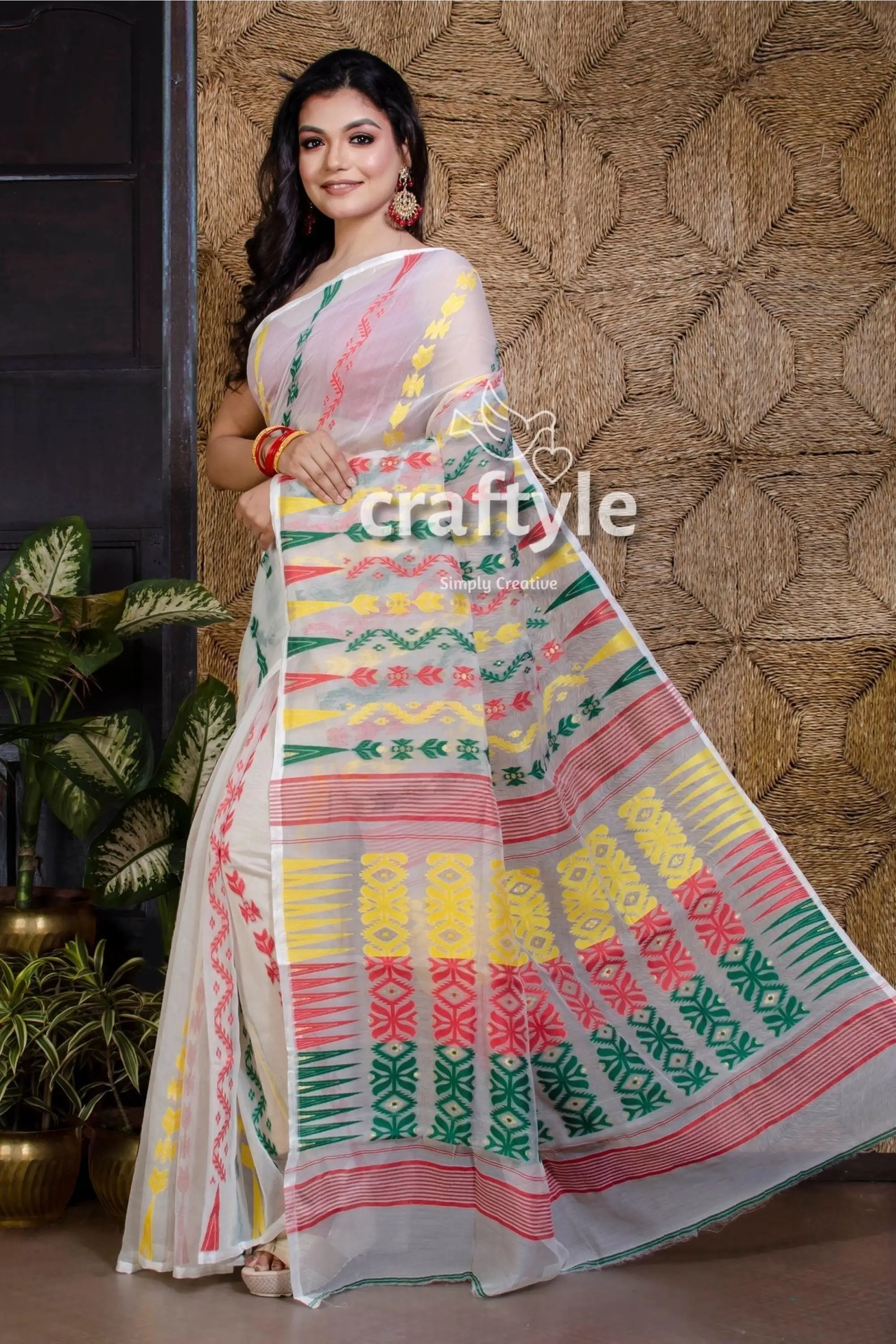 Pearl white and red jamdani saree woman colorful saree 3