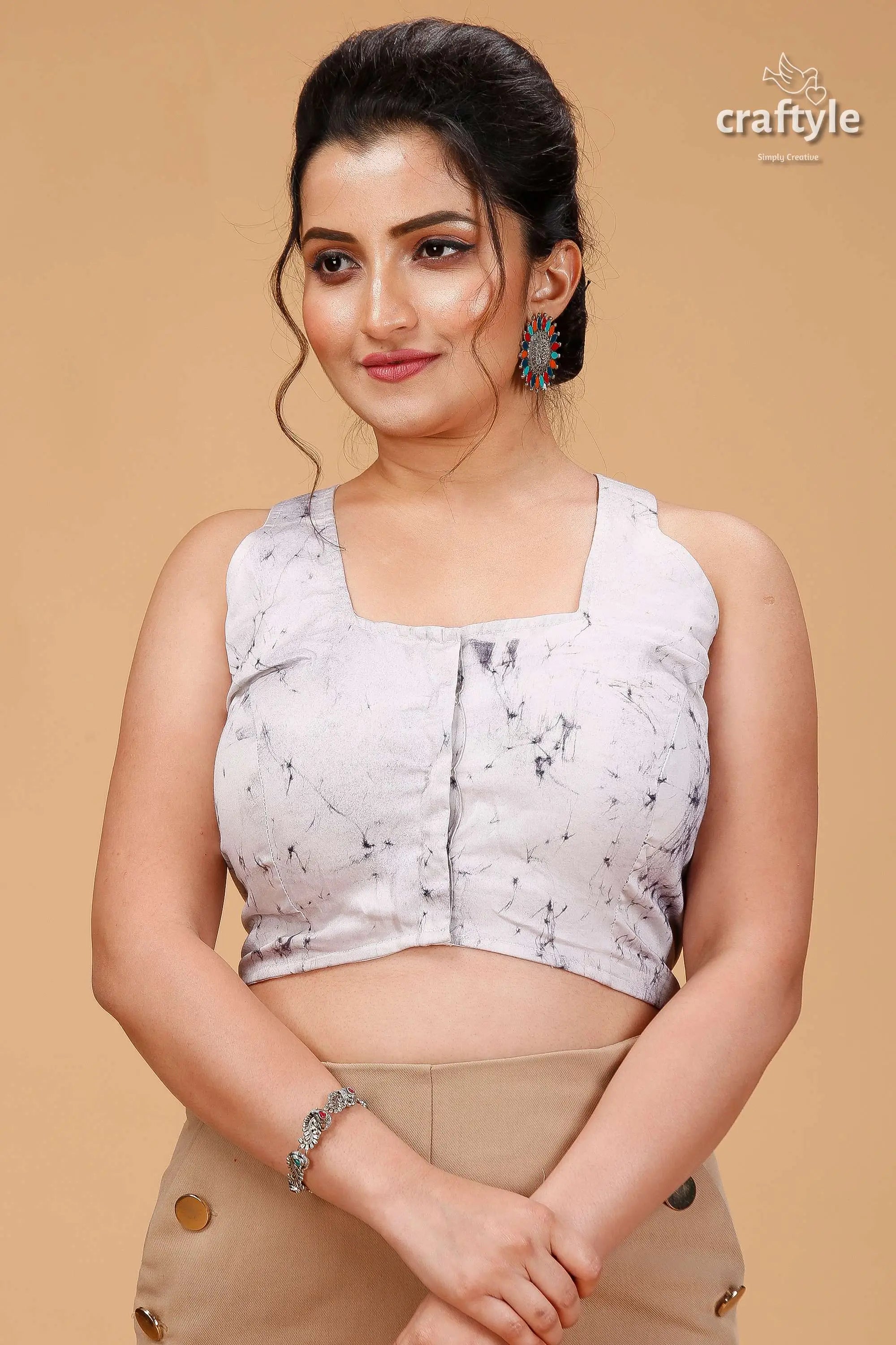 Pearl white kolkata theme pure cotton blouse - hand batik woman white sleeveless crop black 1