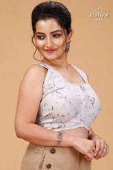 Pearl white kolkata theme pure cotton blouse - hand batik woman models white sleeveless crop 4