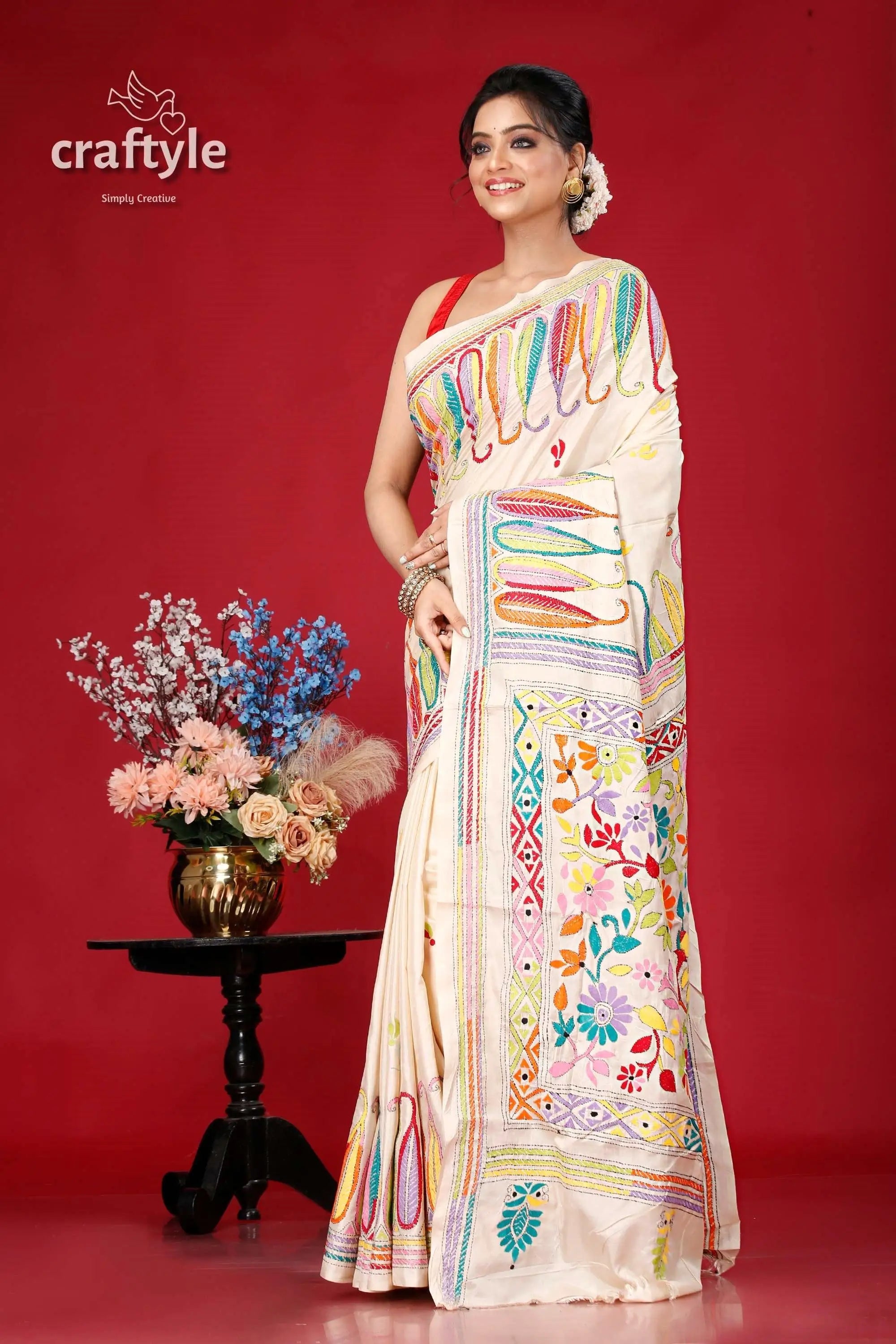 Pearl white multicolor bengal heritage silk kantha saree woman embroidered saree 3