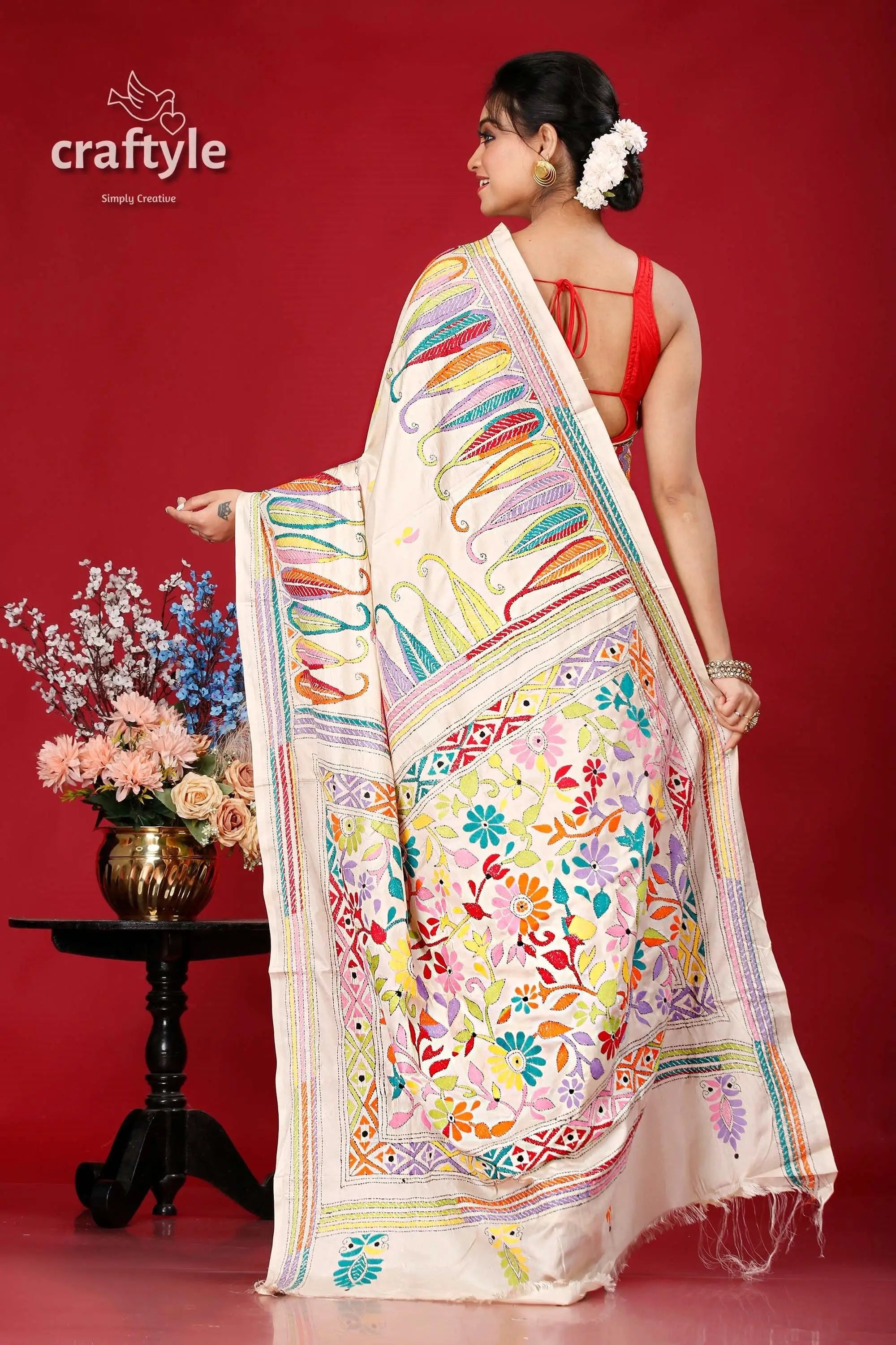 Pearl white multicolor bengal heritage silk kantha saree embroidered off-white saree 5