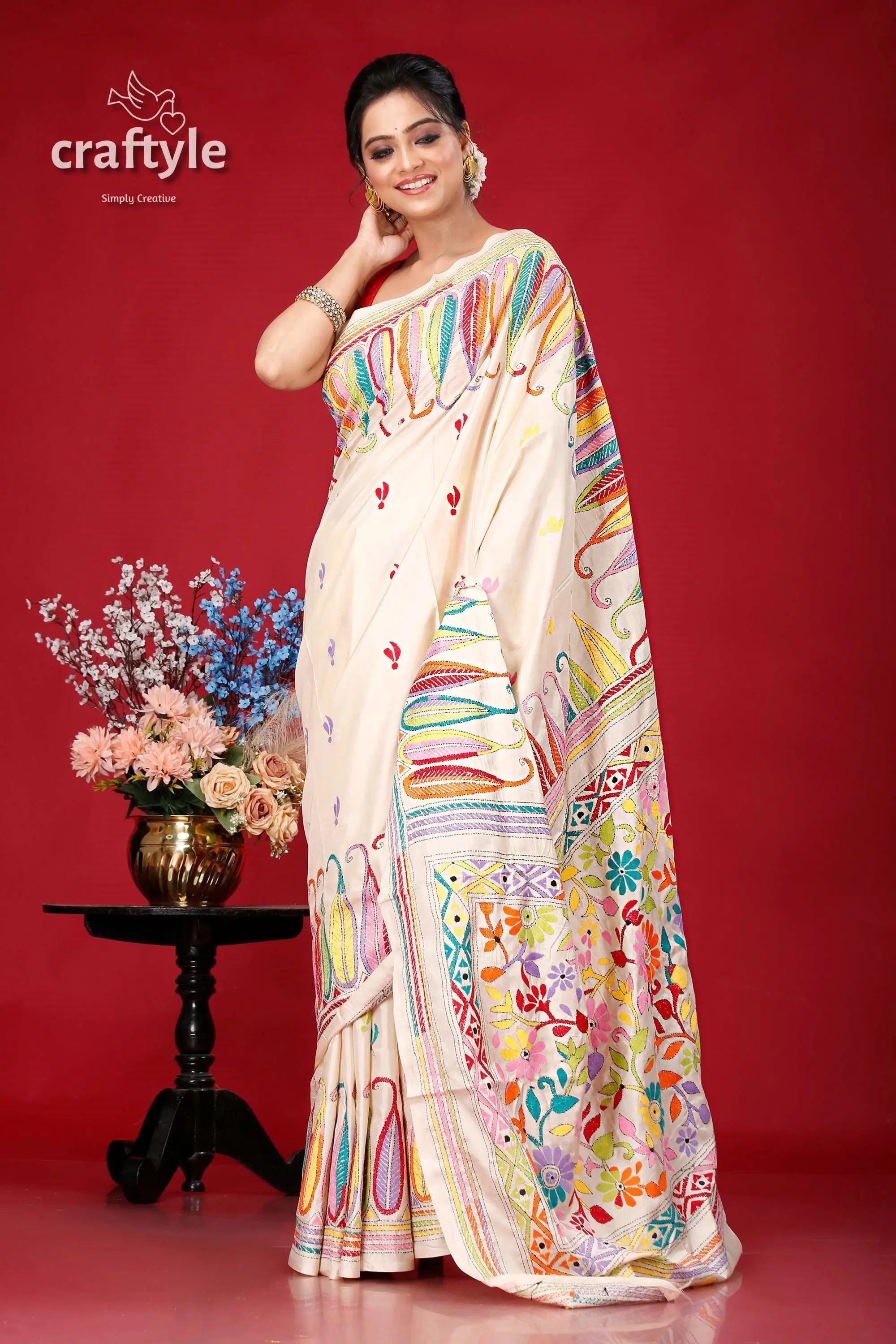 Pearl white multicolor bengal heritage silk kantha saree woman colorful embroidered saree 4
