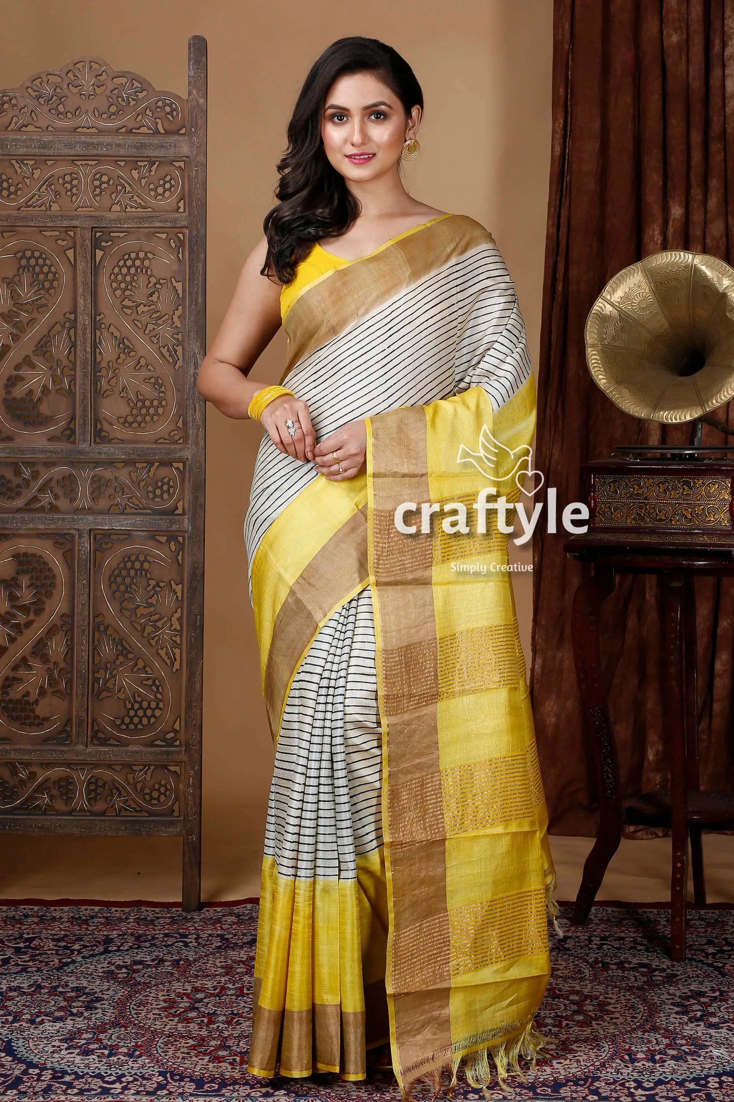 Pearl white & yellow hand block print pure tussar silk saree for women woman striped yellow saree 1