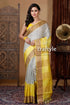 Pearl white & yellow hand block print pure tussar silk saree for women woman striped yellow saree 1