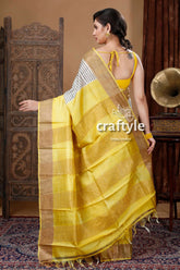 Pearl white & yellow hand block print pure tussar silk saree for women yellow gold saree 4