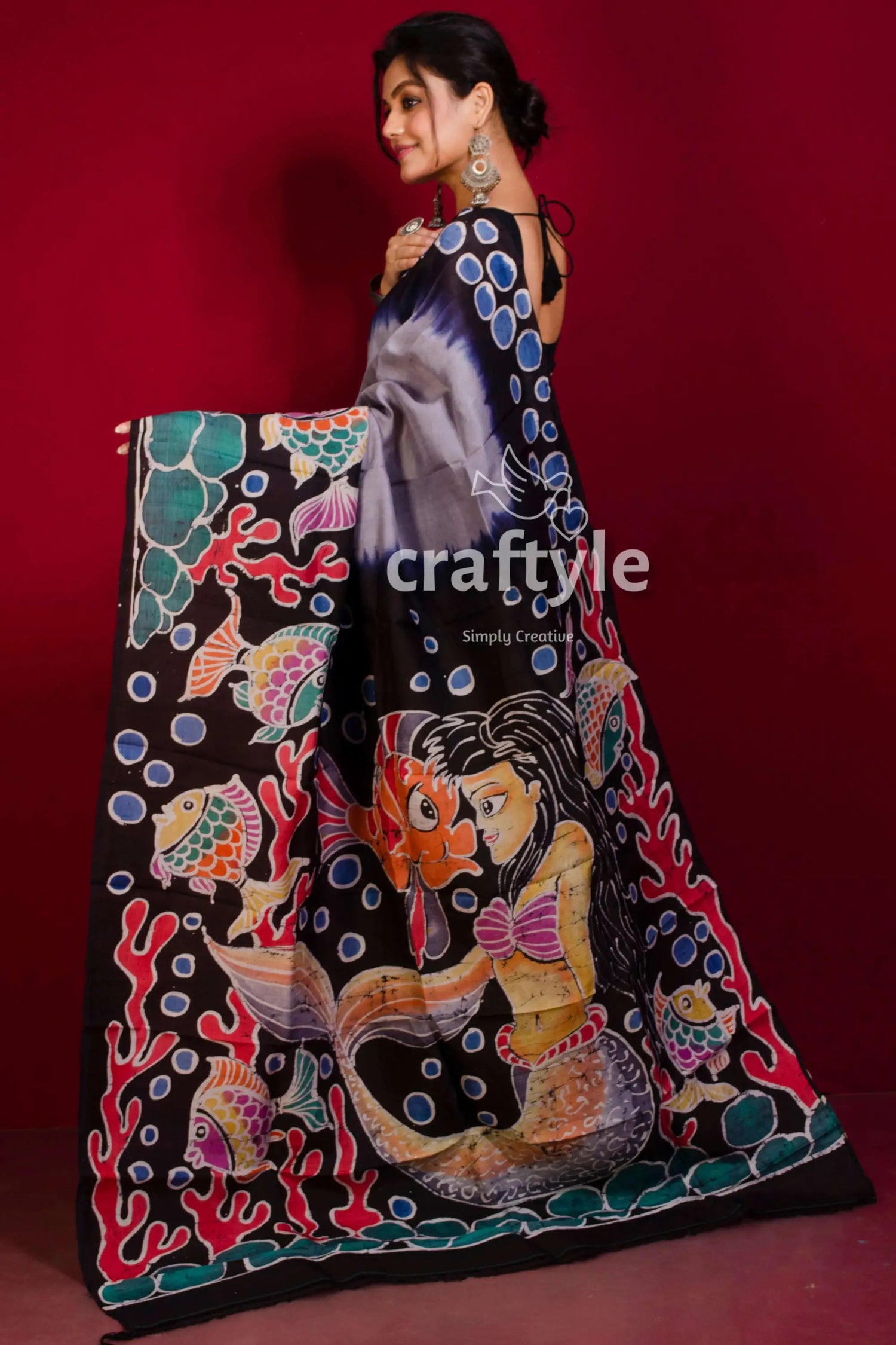 Periwinkle blue matsya kanya handpainted batik pure mulberry silk saree mermaid-themed batik saree 4