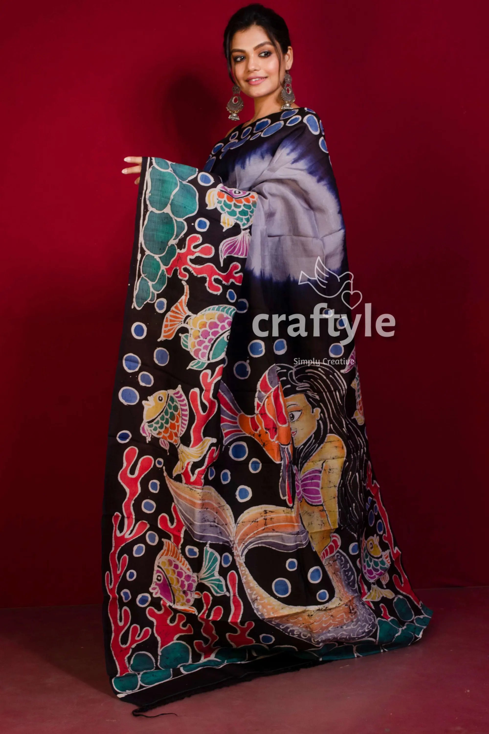 Periwinkle blue matsya kanya handpainted batik pure mulberry silk saree hand-painted mermaid saree 3