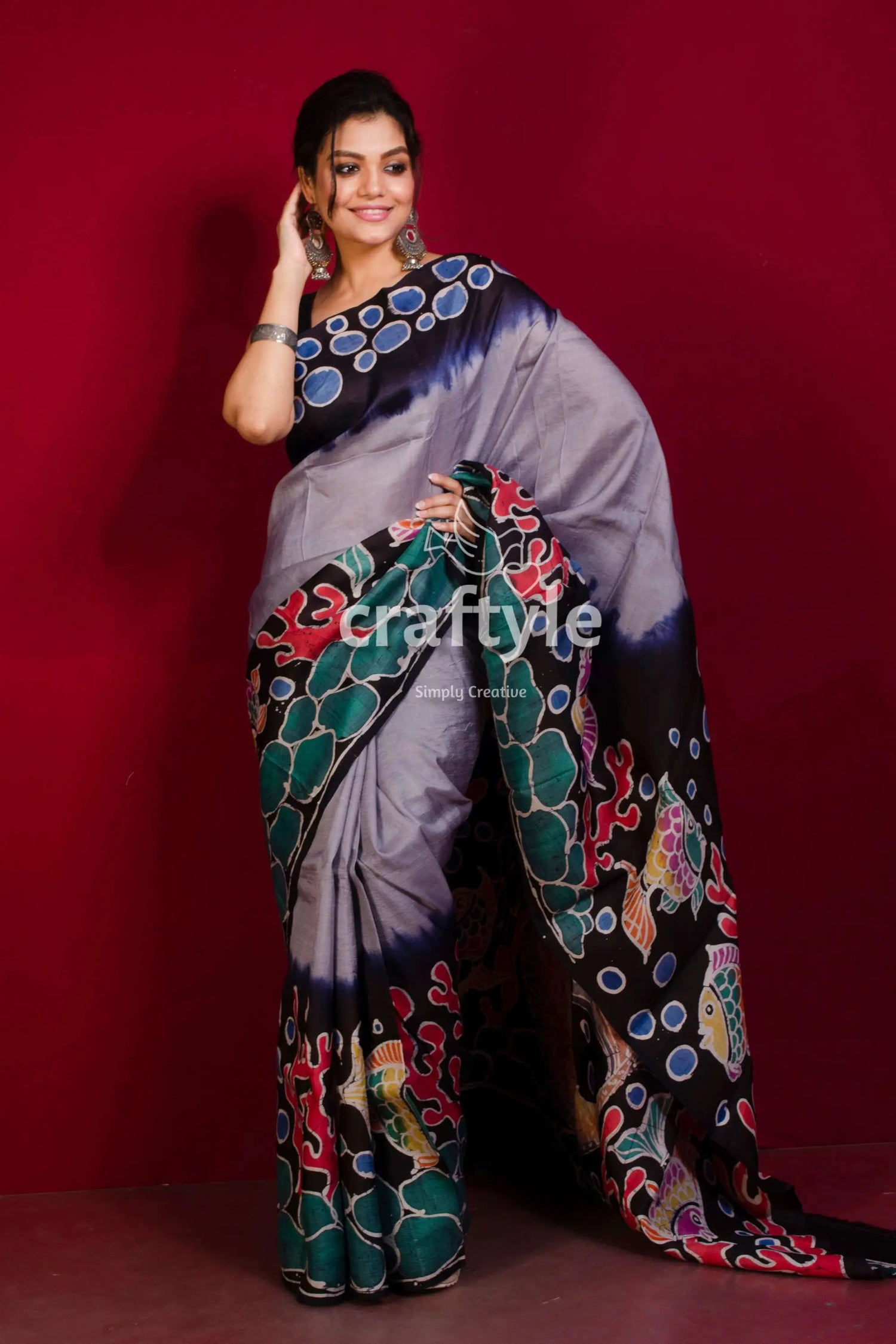 Periwinkle blue matsya kanya handpainted batik pure mulberry silk saree woman batik saree 1