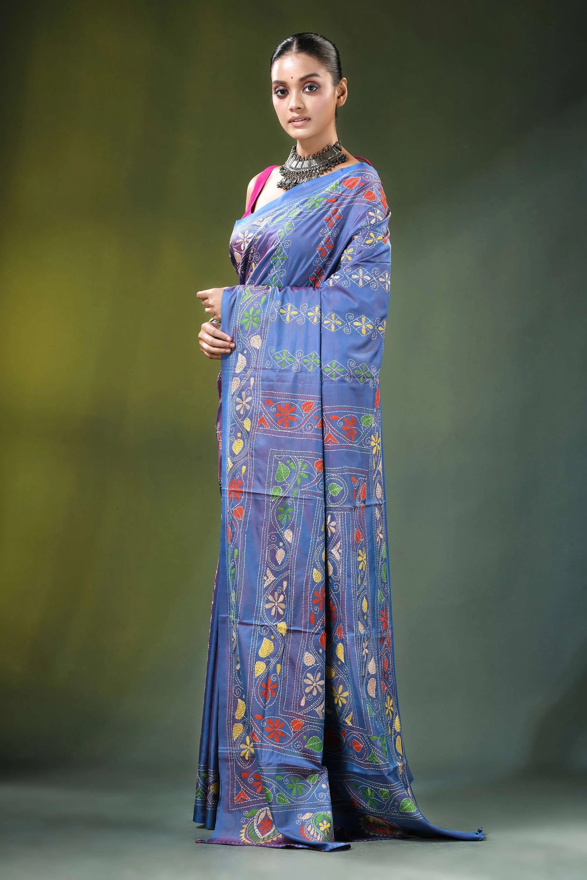 Periwinkle blue multithread kantha silk saree - shakuntala design woman wears vibrant 3