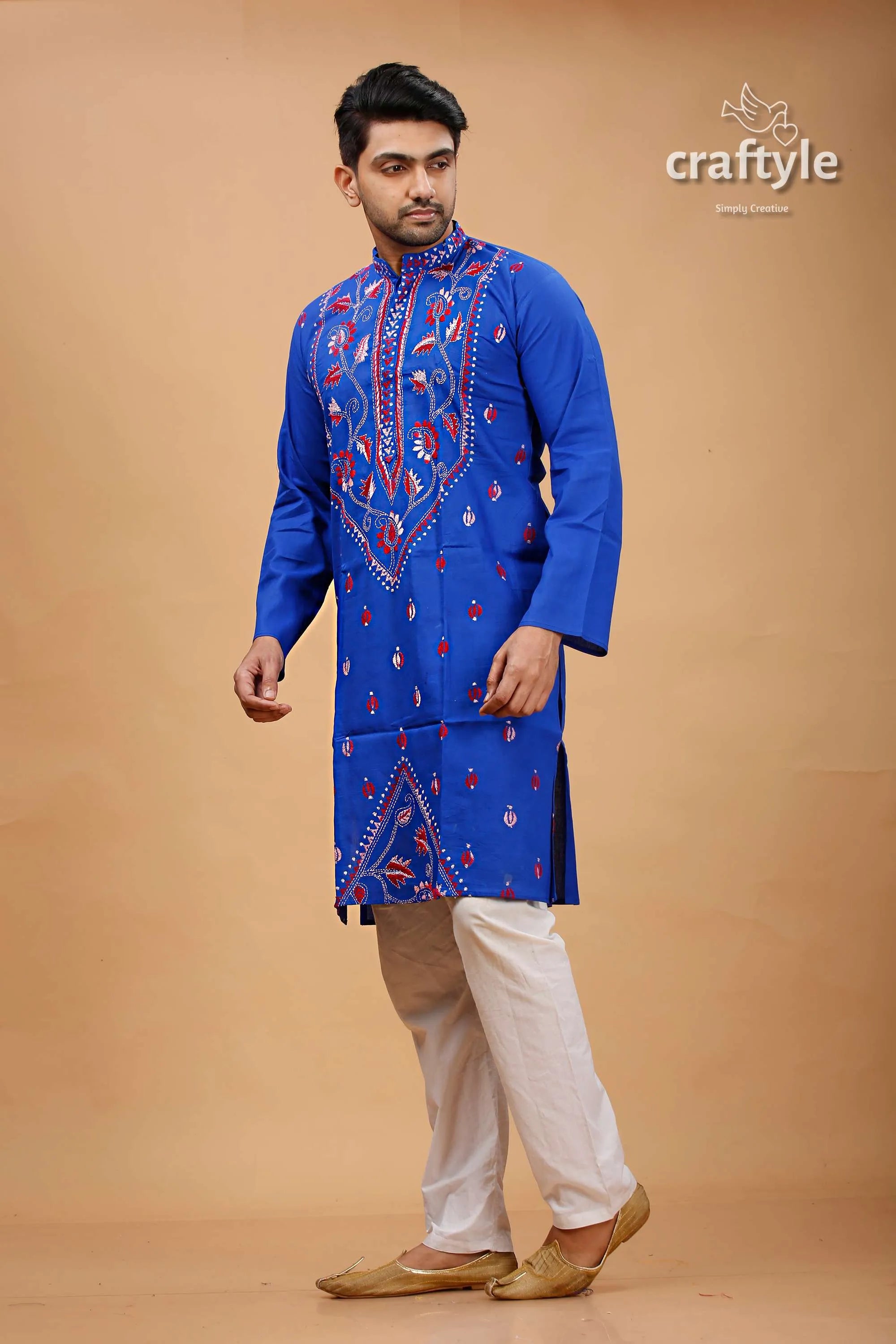 Persian blue floral motif kantha work cotton mens kurta vibrant royal embroidered 3