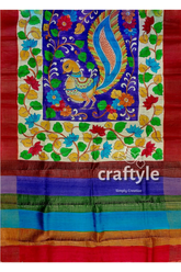 Persian blue handcrafted tussar saree with zari border - pure kalamkari design hand-painted silk saree peacock motif 6