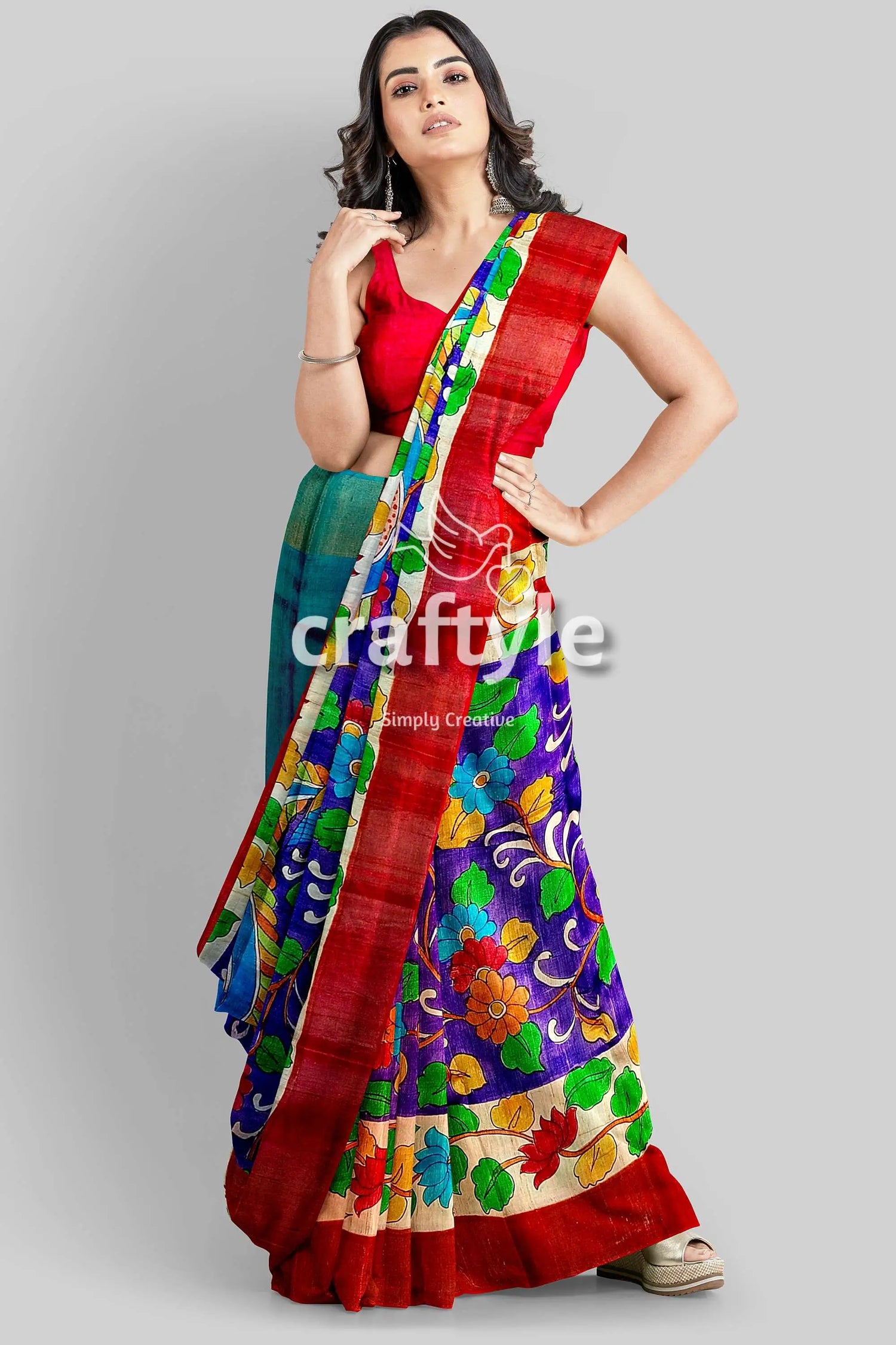 Persian blue handcrafted tussar saree with zari border - pure kalamkari design floral saree red border 4