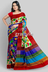 Persian blue handcrafted tussar saree with zari border - pure kalamkari design floral striped saree 1