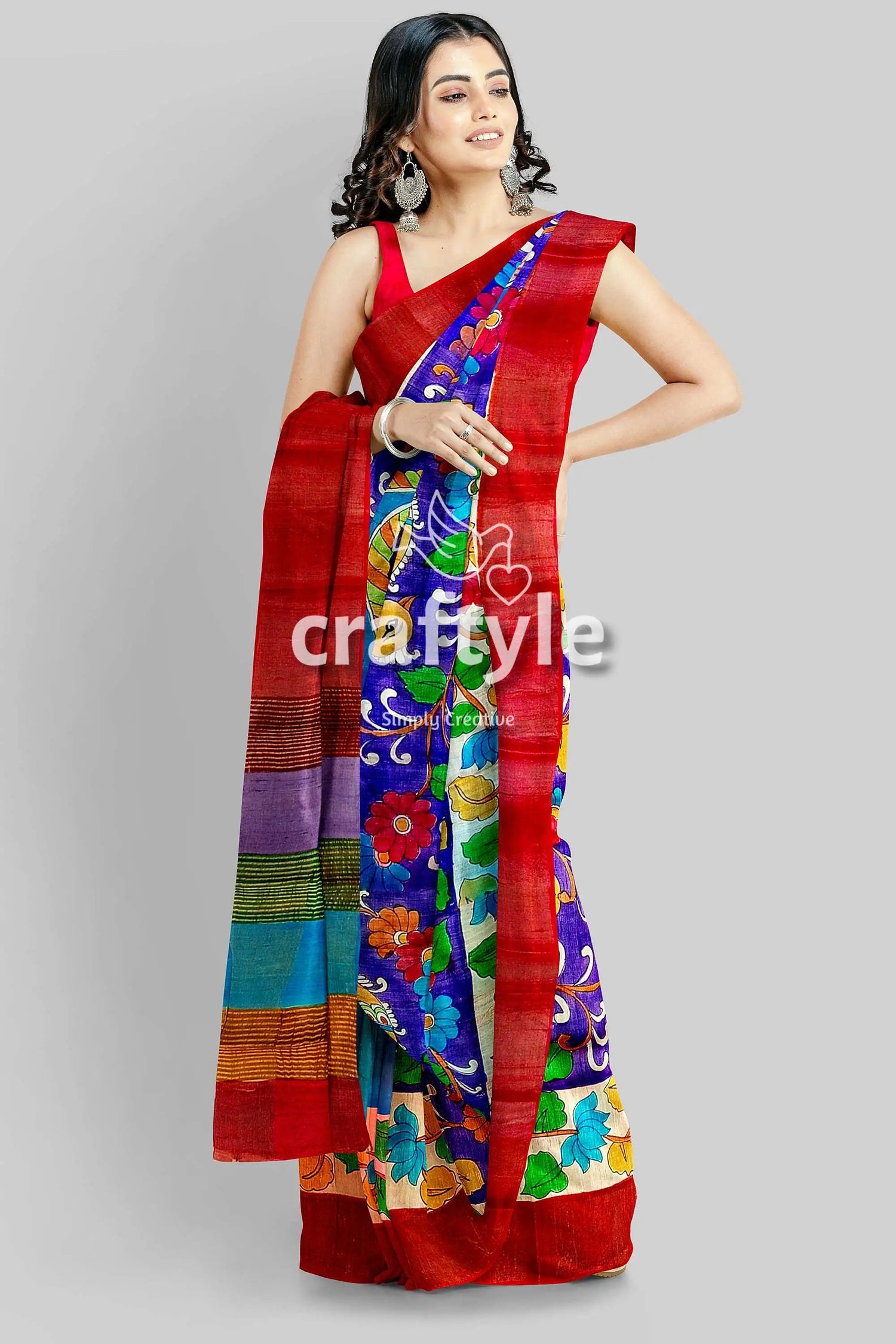 Persian blue handcrafted tussar saree with zari border - pure kalamkari design floral print saree red border 3