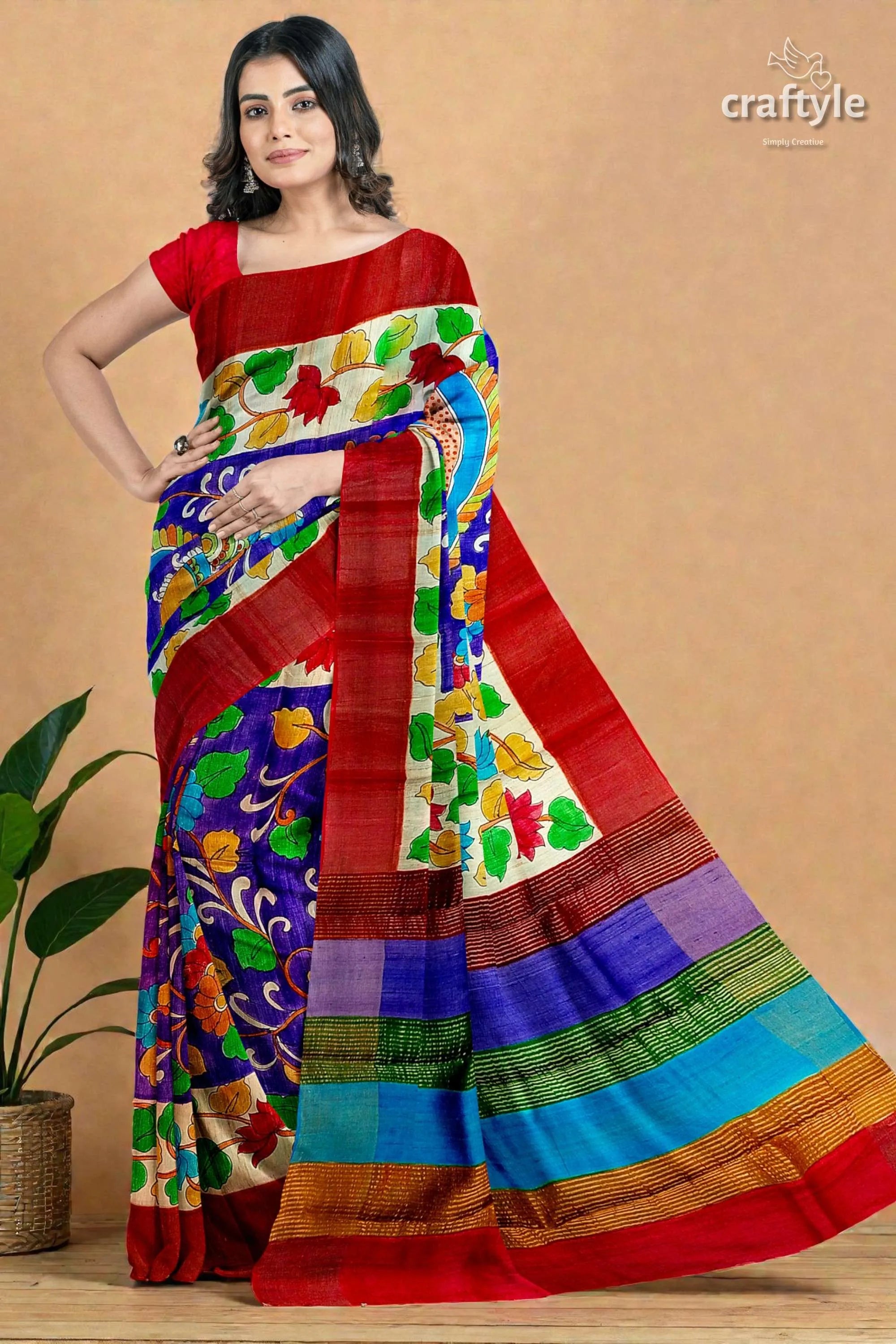 Persian blue handcrafted tussar saree with zari border - pure kalamkari design vibrant red blue green floral-patterned 1