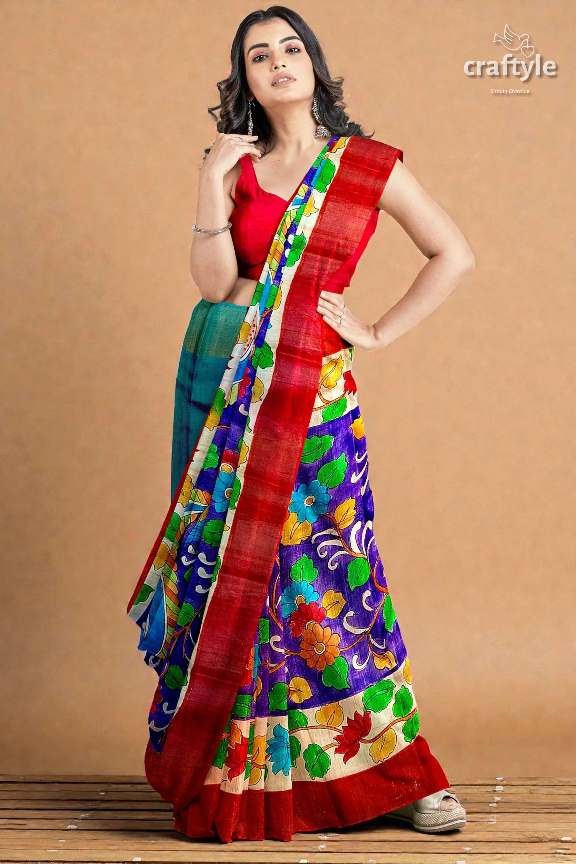 Persian blue handcrafted tussar saree with zari border - pure kalamkari design vibrant multicolored floral saree bold 3