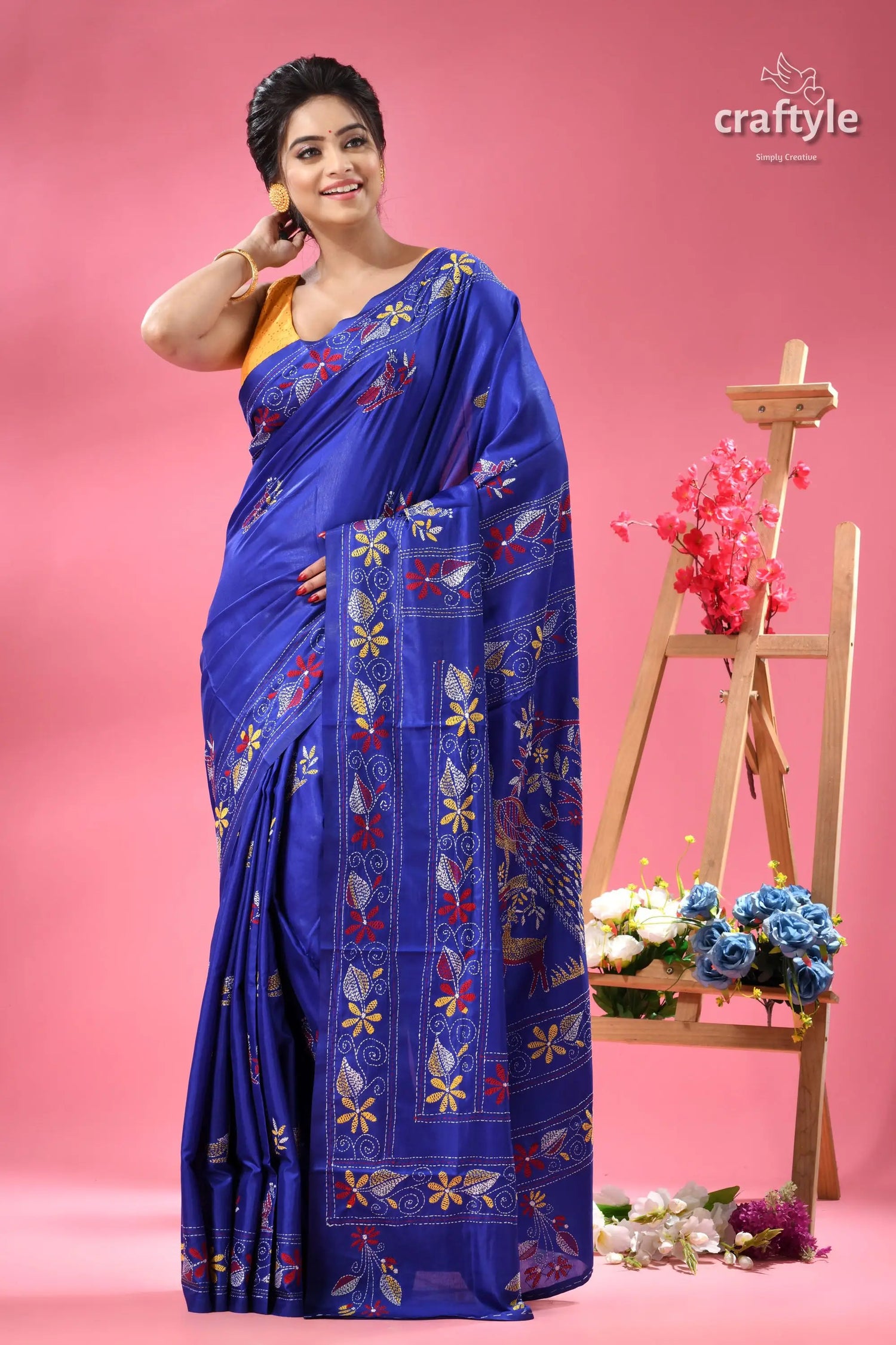 Persian blue kantha stitched silk saree with peacock motif vibrant blue saree intricate floral 1