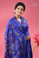 Persian blue kantha stitched silk saree with peacock motif woman vibrant blue embroidered silk 2
