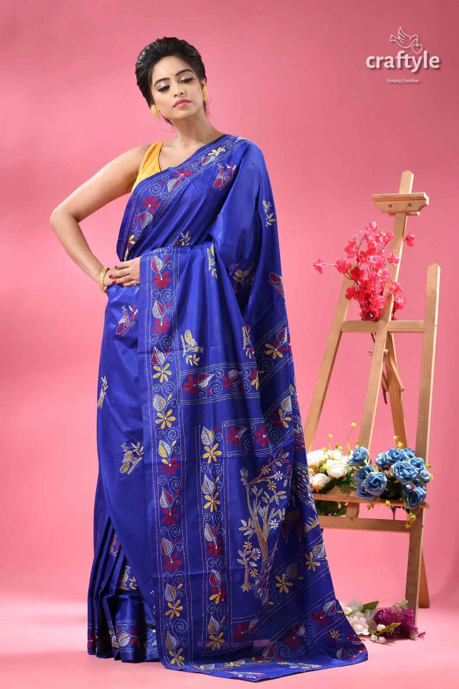 Persian blue kantha stitched silk saree with peacock motif royal blue silk saree intricate 4