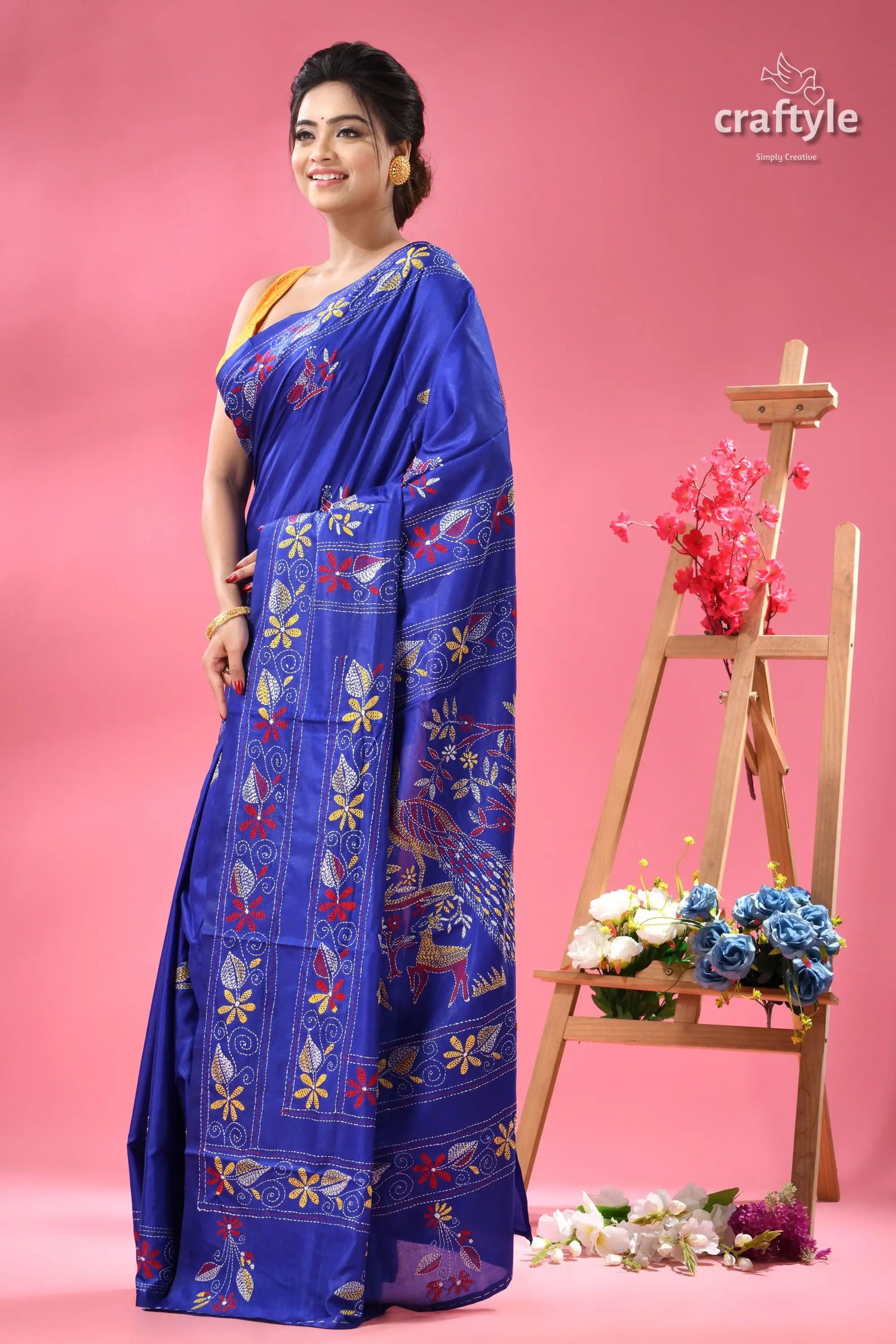Persian blue kantha stitched silk saree with peacock motif woman royal blue sari intricate 3