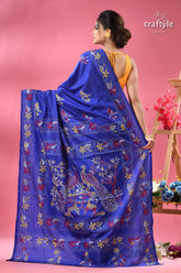 Persian blue kantha stitched silk saree with peacock motif blue silk saree elaborate peacock 5