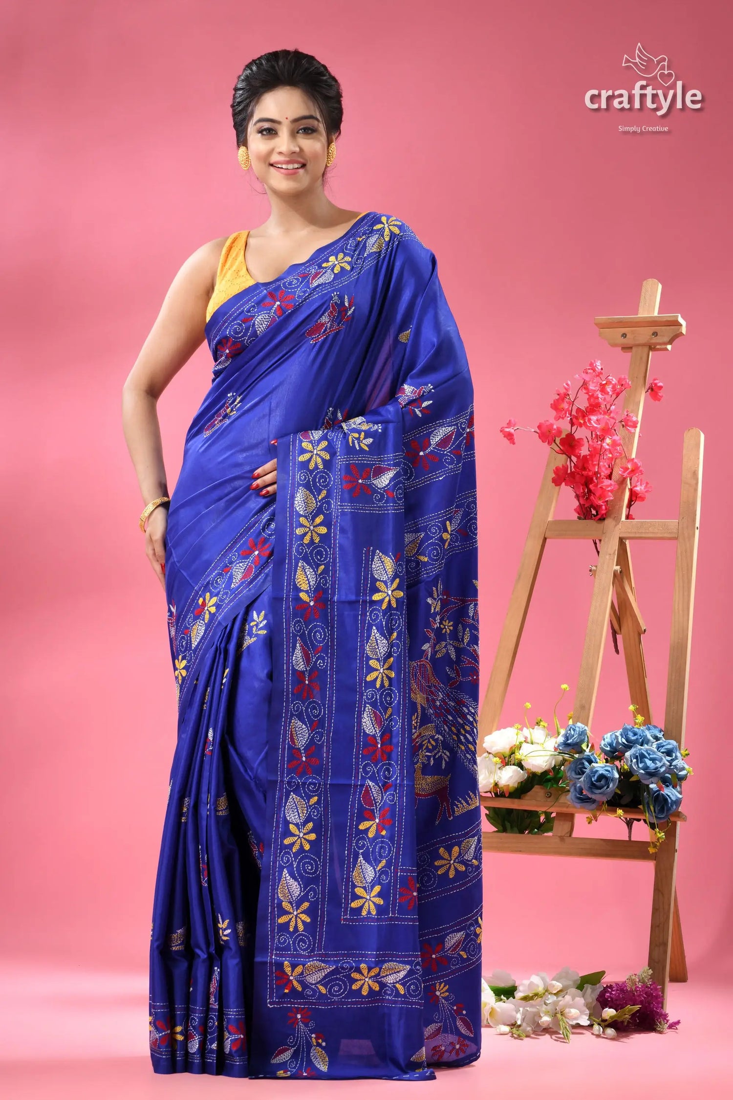 Persian blue kantha stitched silk saree with peacock motif woman vibrant blue saree intricate 6