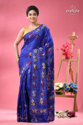 Persian blue kantha stitched silk saree with peacock motif woman vibrant blue saree intricate 6
