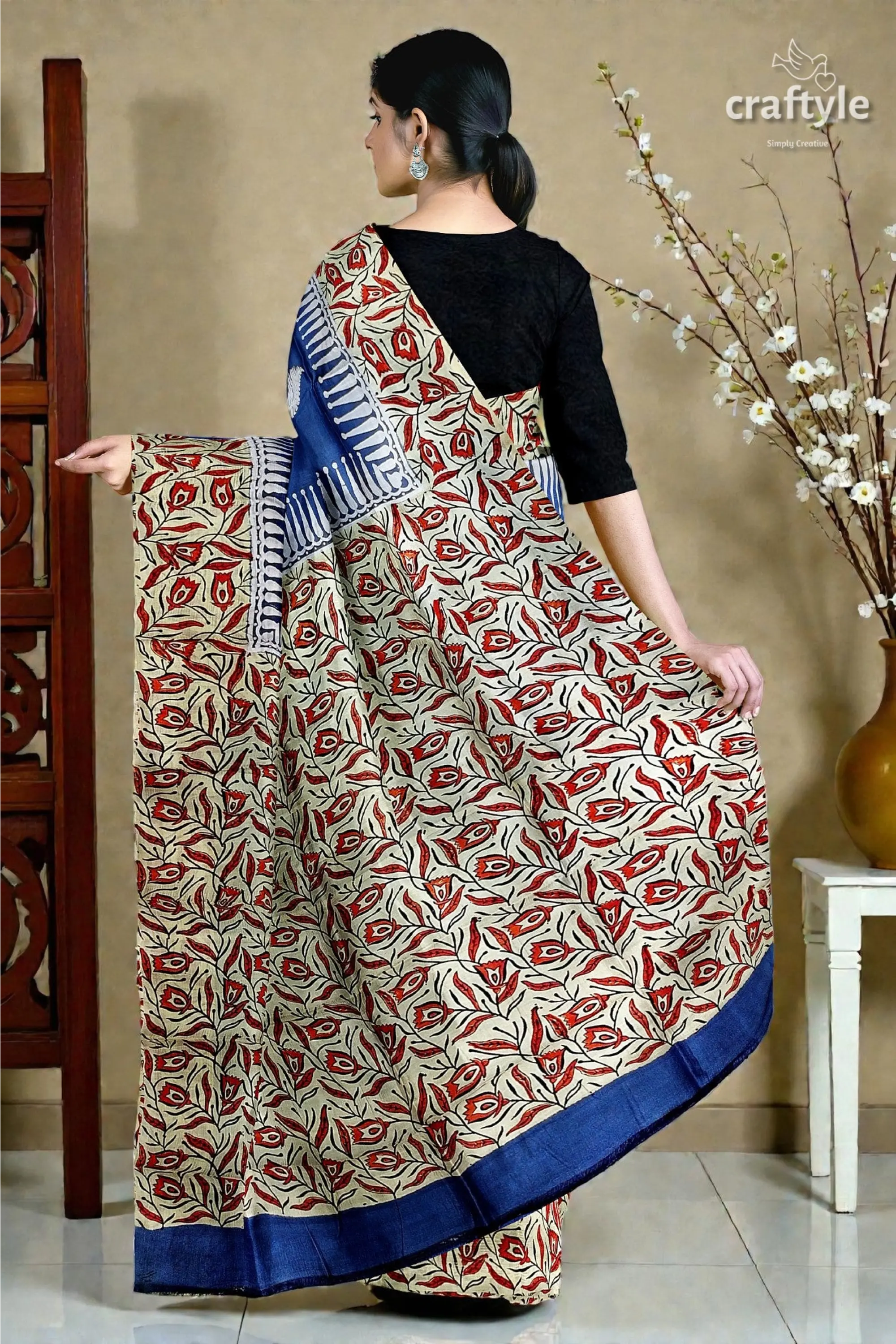 Persian blue mulberry pure silk saree - hand block print for a touch of elegance 5