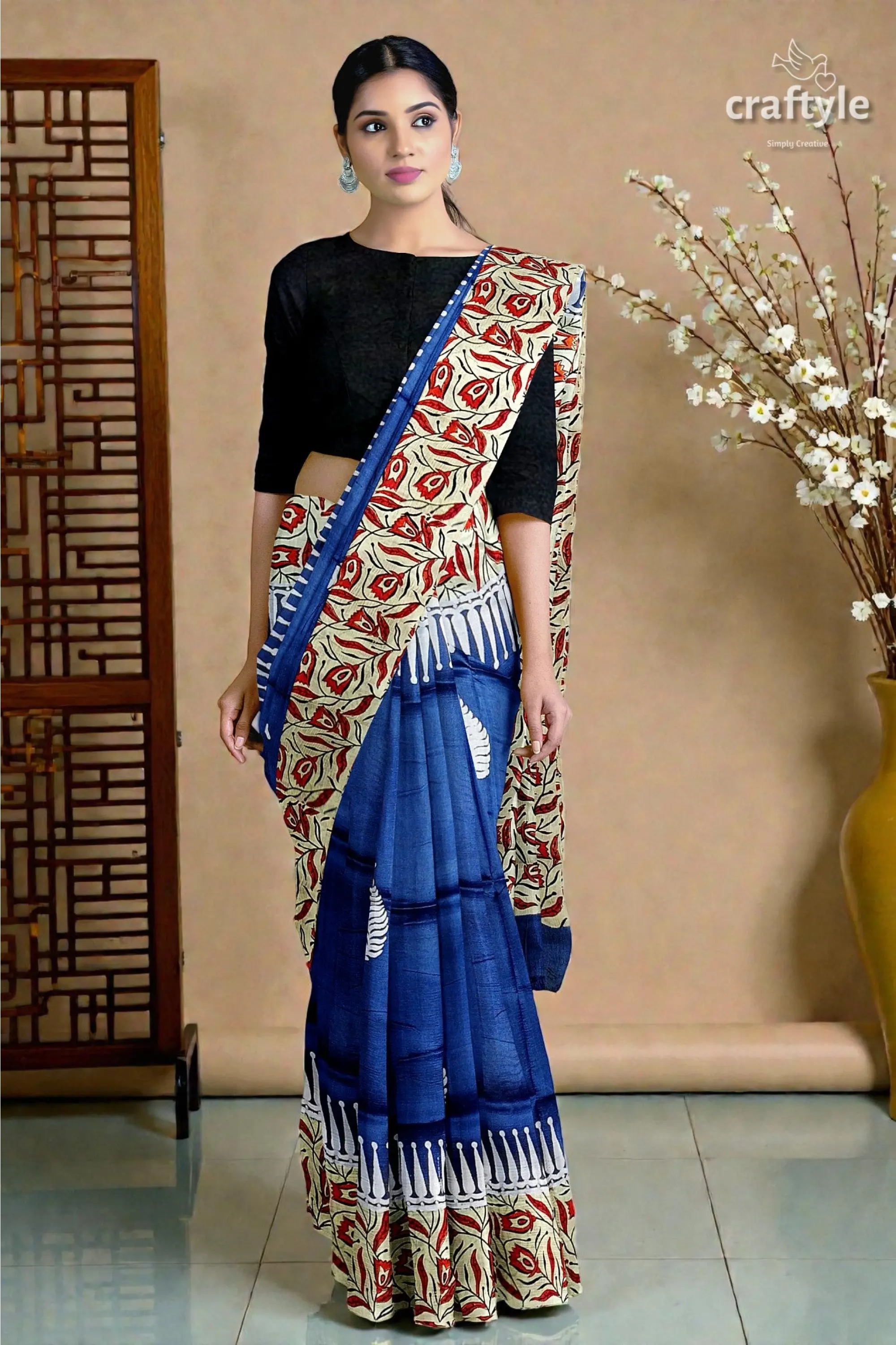 Persian blue mulberry pure silk saree - hand block print for a touch of elegance 3