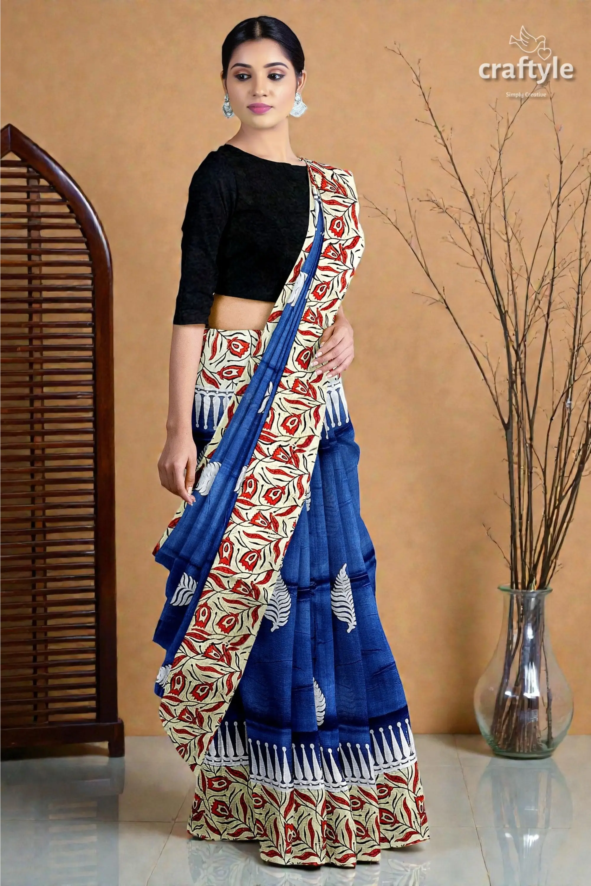 Persian blue mulberry pure silk saree - hand block print for a touch of elegance 4