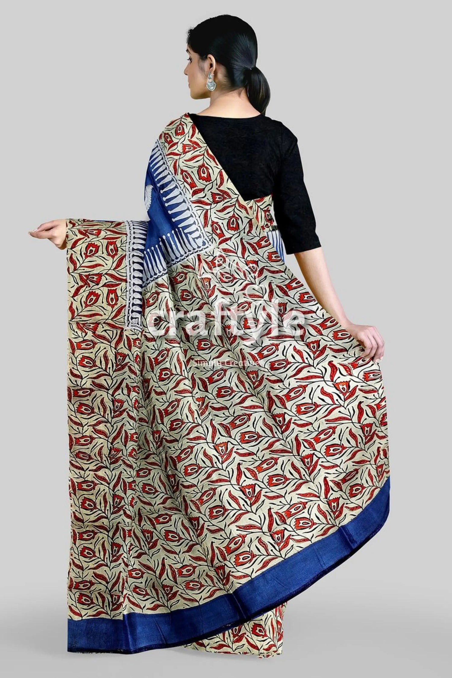 Persian blue mulberry pure silk saree - hand block print for a touch of elegance patterned saree blue border 5
