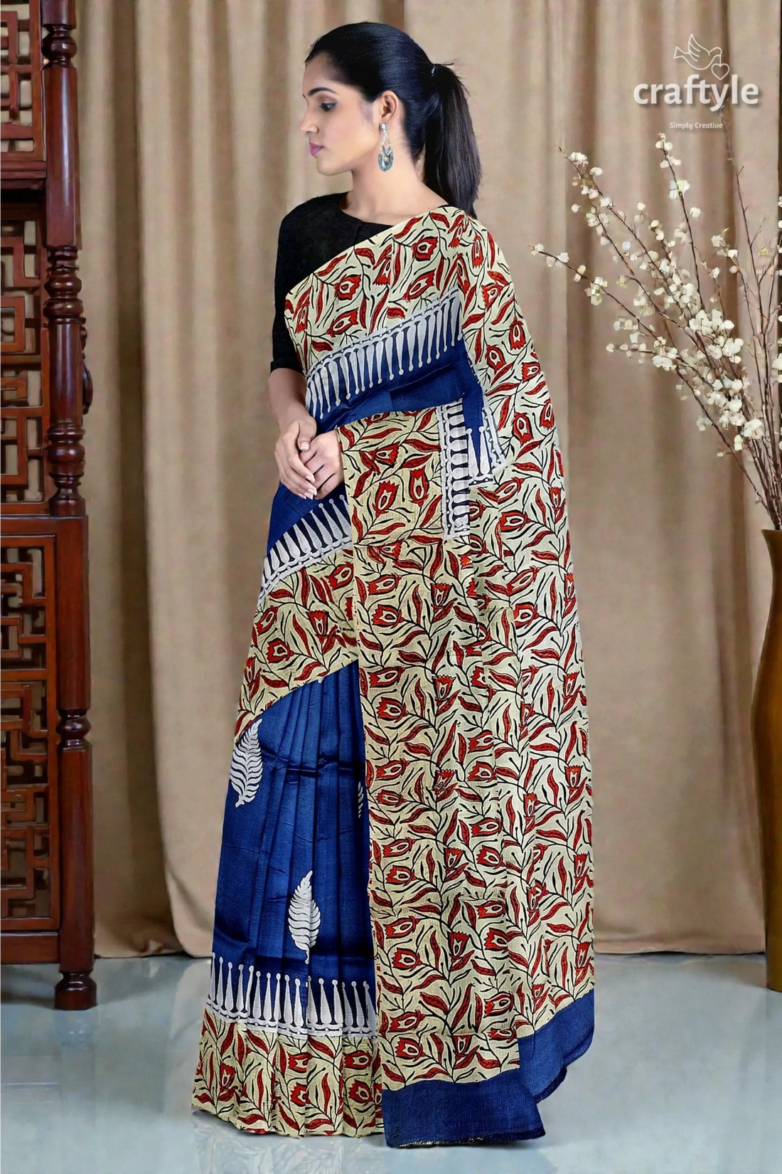 Persian blue mulberry pure silk saree - hand block print for a touch of elegance 2