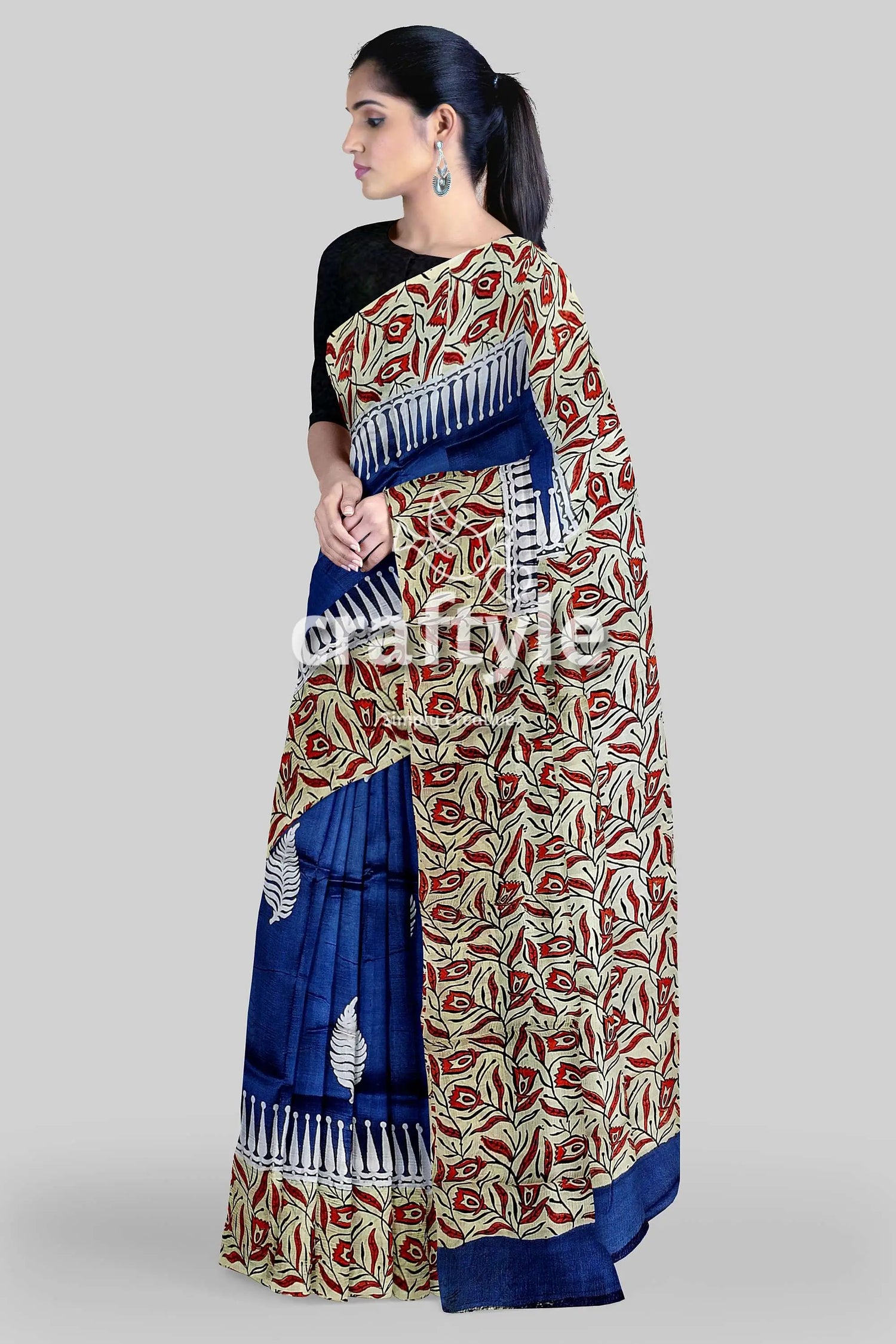 Persian blue mulberry pure silk saree - hand block print for a touch of elegance woman patterned saree 2