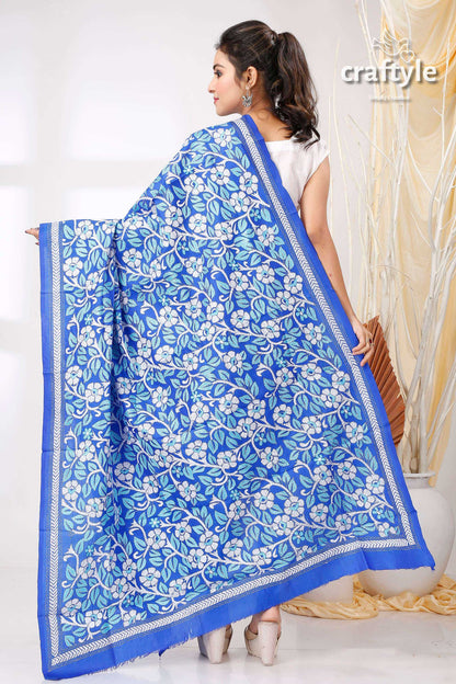 Persian Blue White Floral Pure Bangalore Silk Kantha Stitched Dupatta - Craftyle