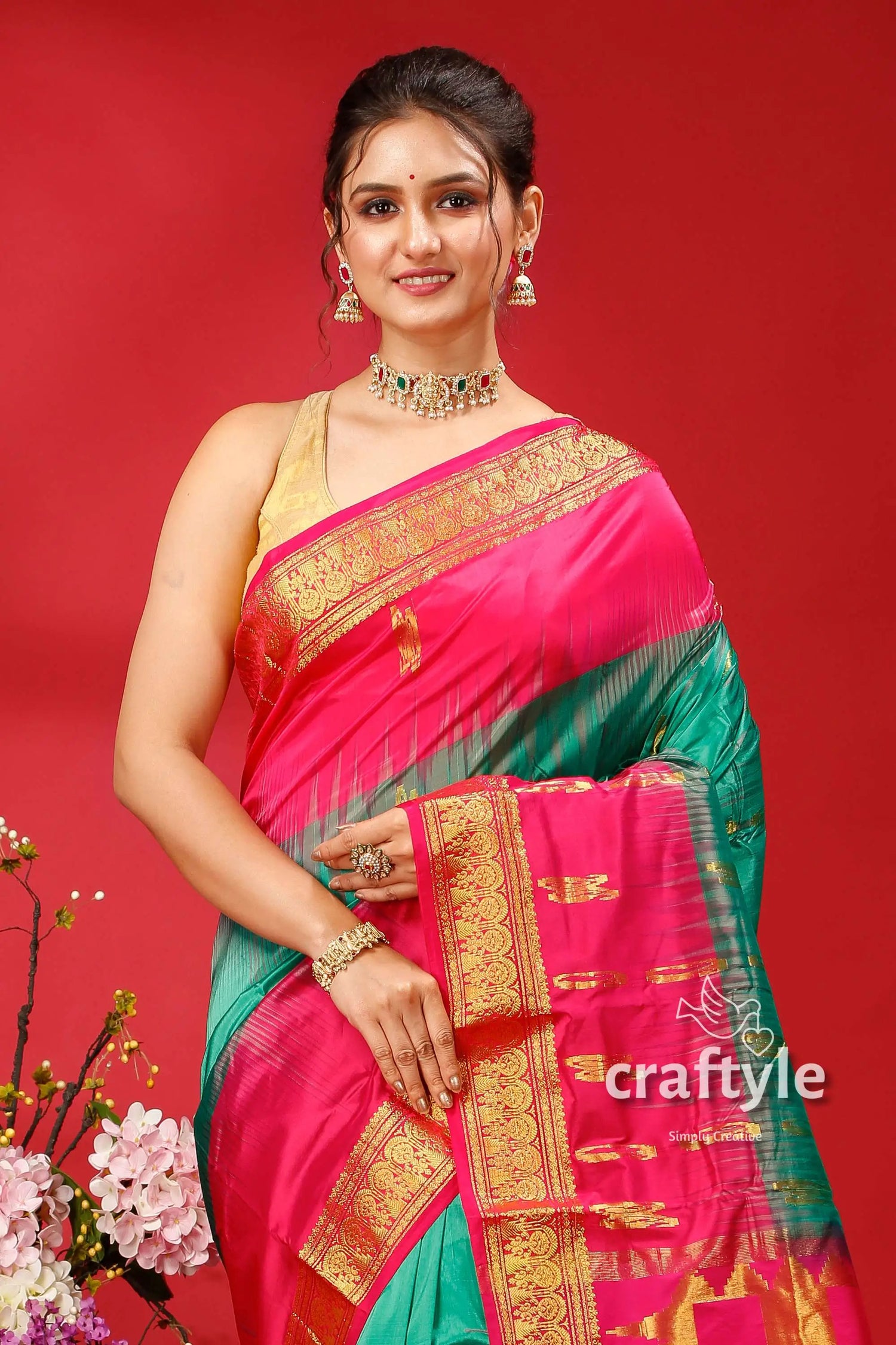 Persian green and magenta kanjivaram silk saree - classic elegance for any occasion woman pink green saree 2