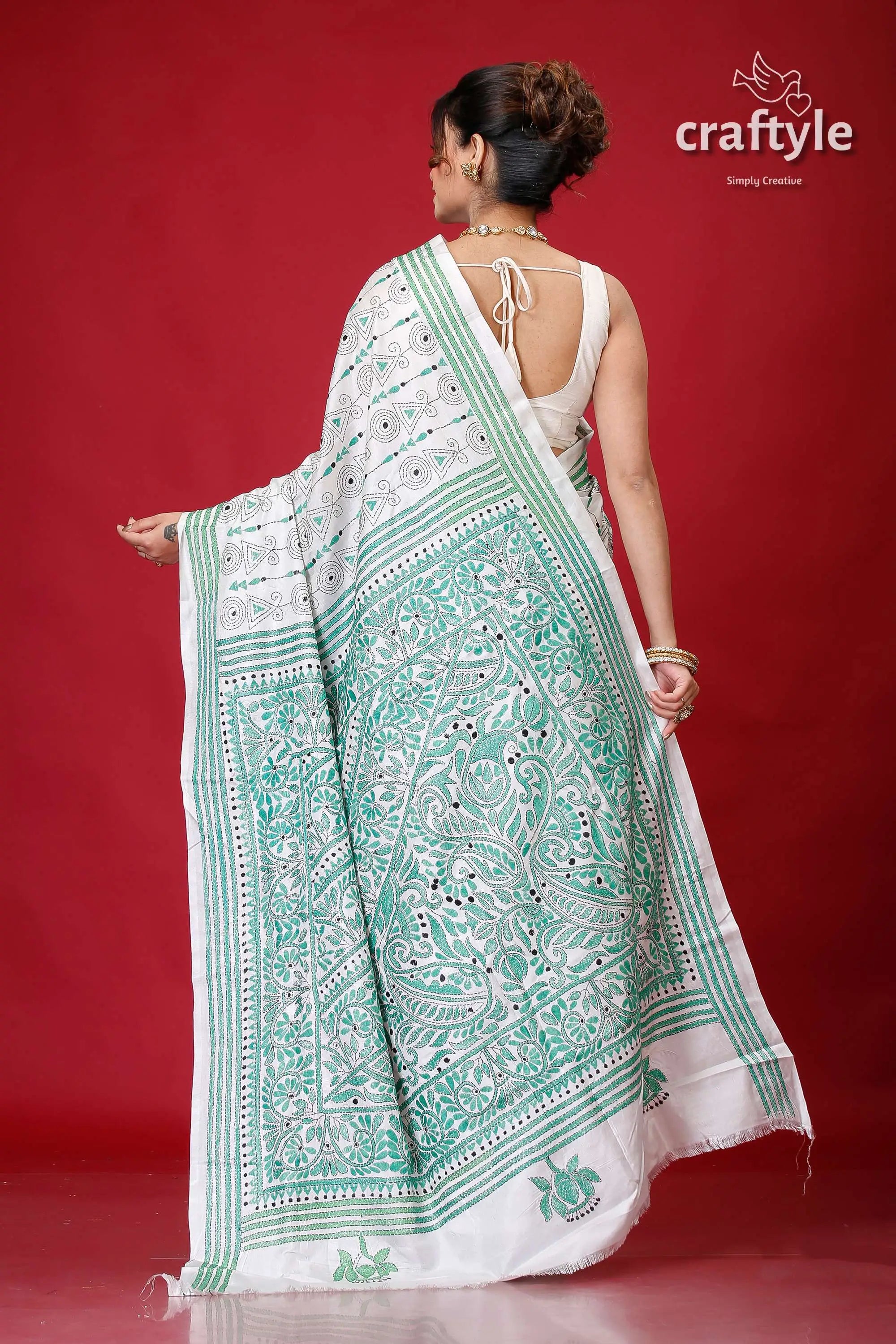 Persian green and white alpana design silk kantha saree white green embroidered saree 5