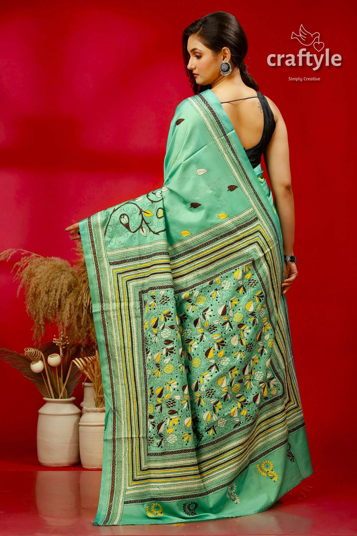 Persian green ethnic silk kantha saree mint green patterned saree 5