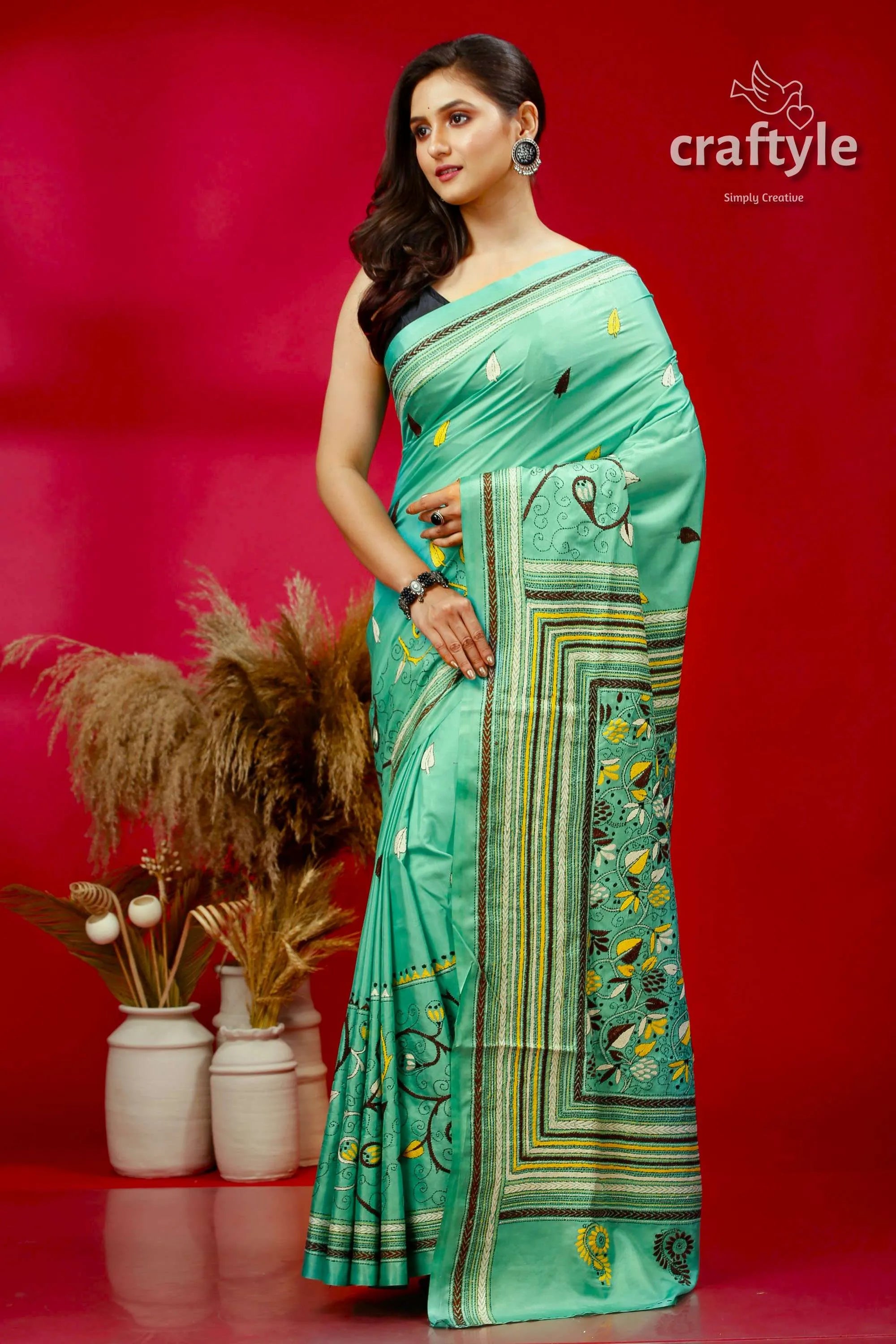 Persian green ethnic silk kantha saree woman light green saree 3