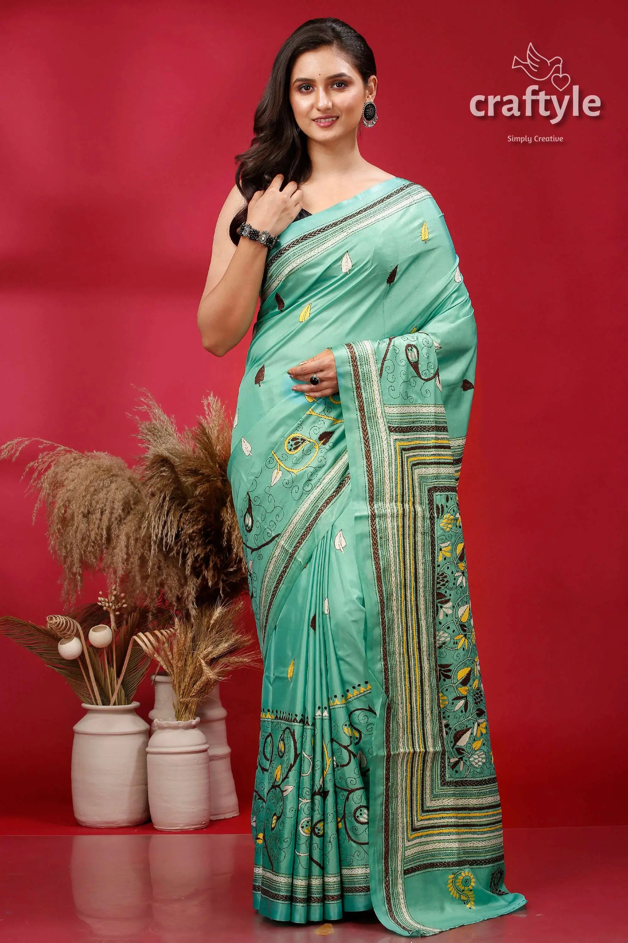 Persian green ethnic silk kantha saree woman light green saree patterned 1