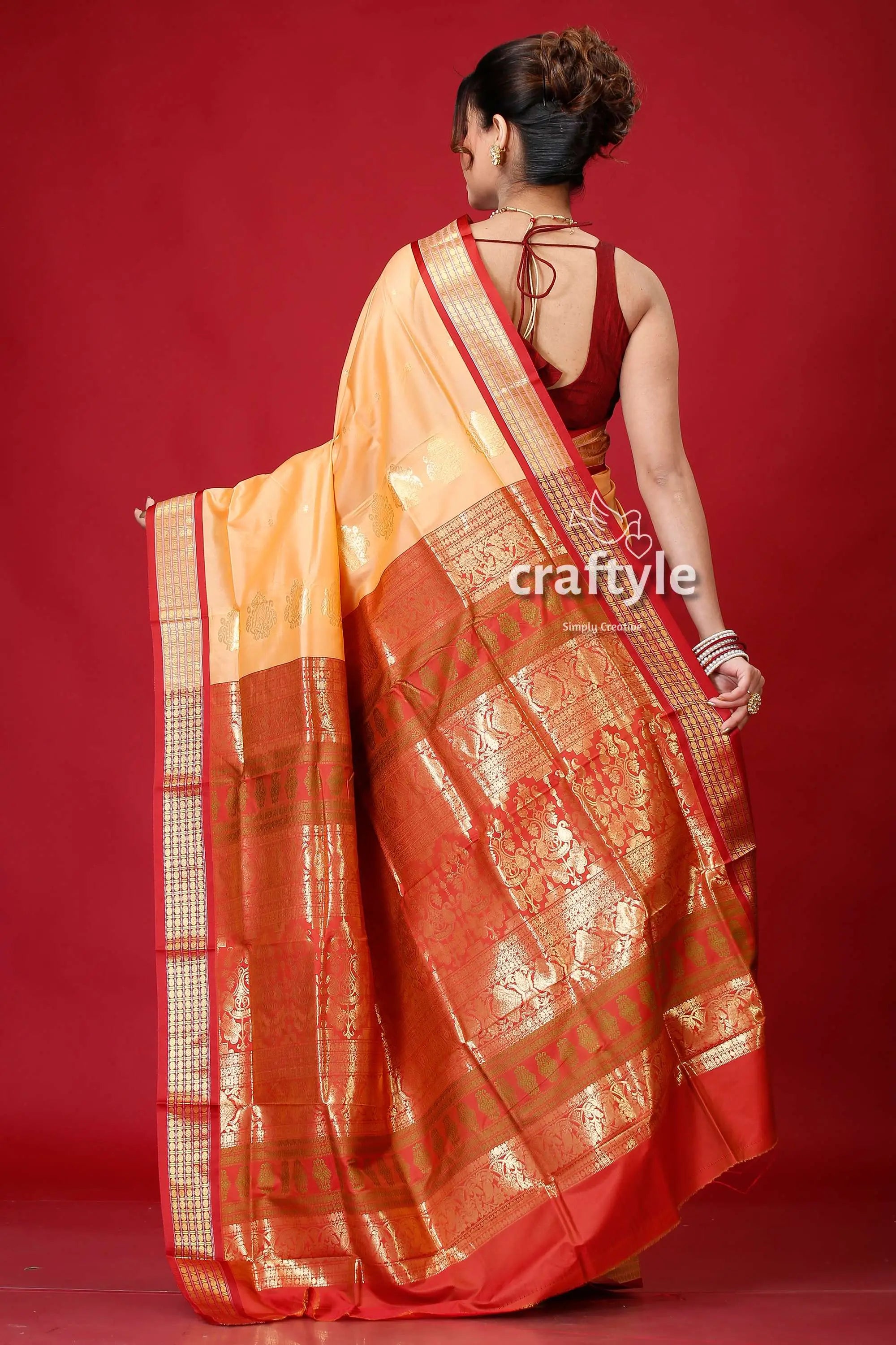 Persian orange bomkai silk saree with zari edging peach red silk saree 5