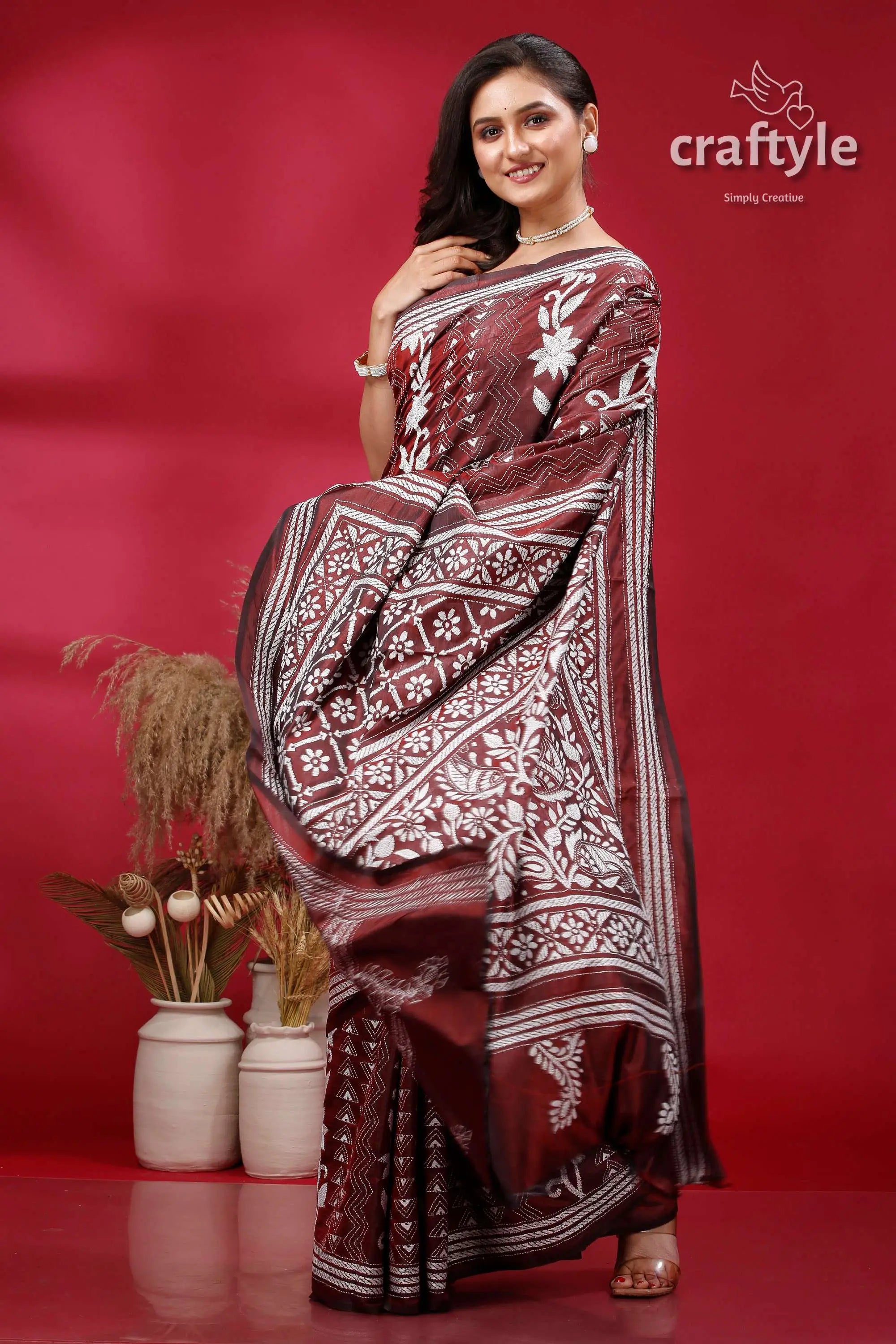 Persian plum and white hand embroidered silk kantha saree maroon white patterned saree 4