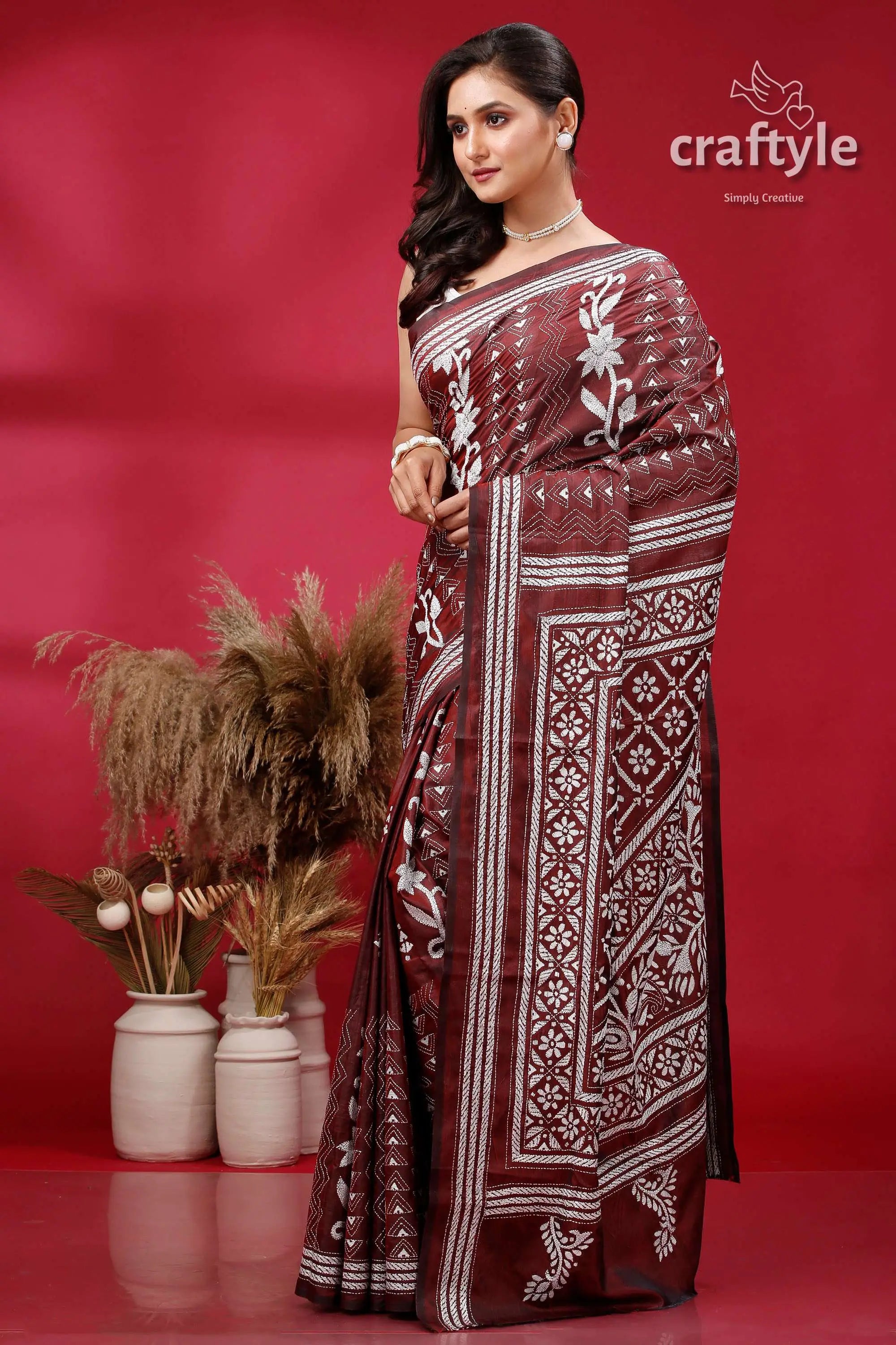 Persian plum and white hand embroidered silk kantha saree maroon white patterned saree 3