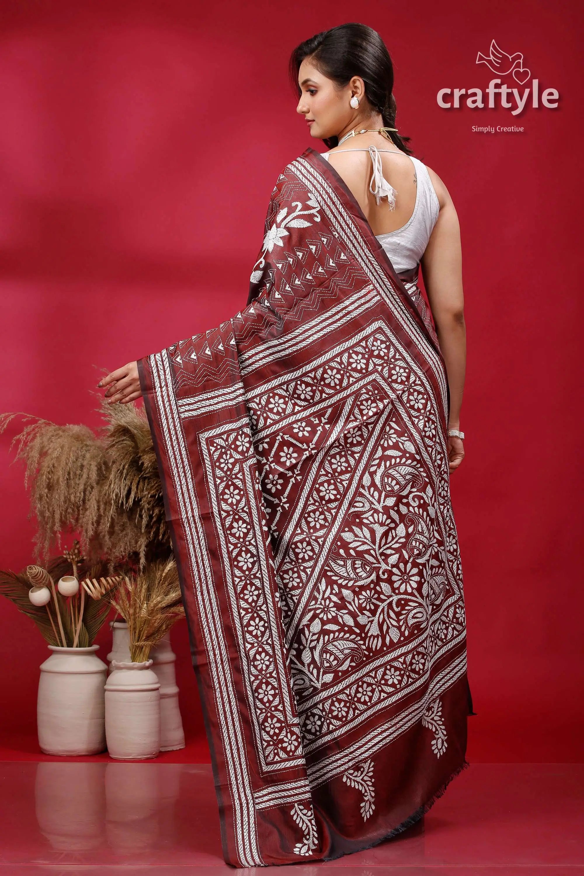 Persian plum and white hand embroidered silk kantha saree maroon white patterned saree 5